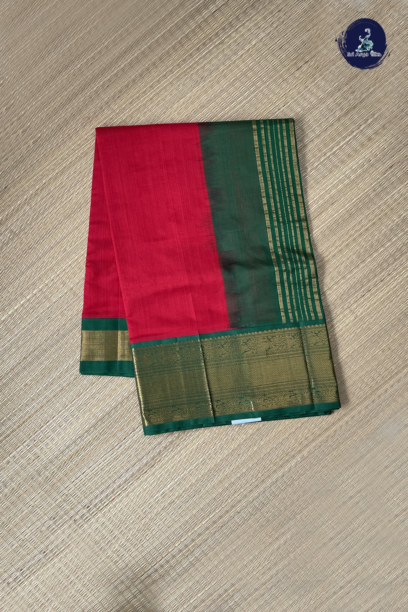 Bright Red Korvai Silk Cotton Saree With Doria Lines Pattern