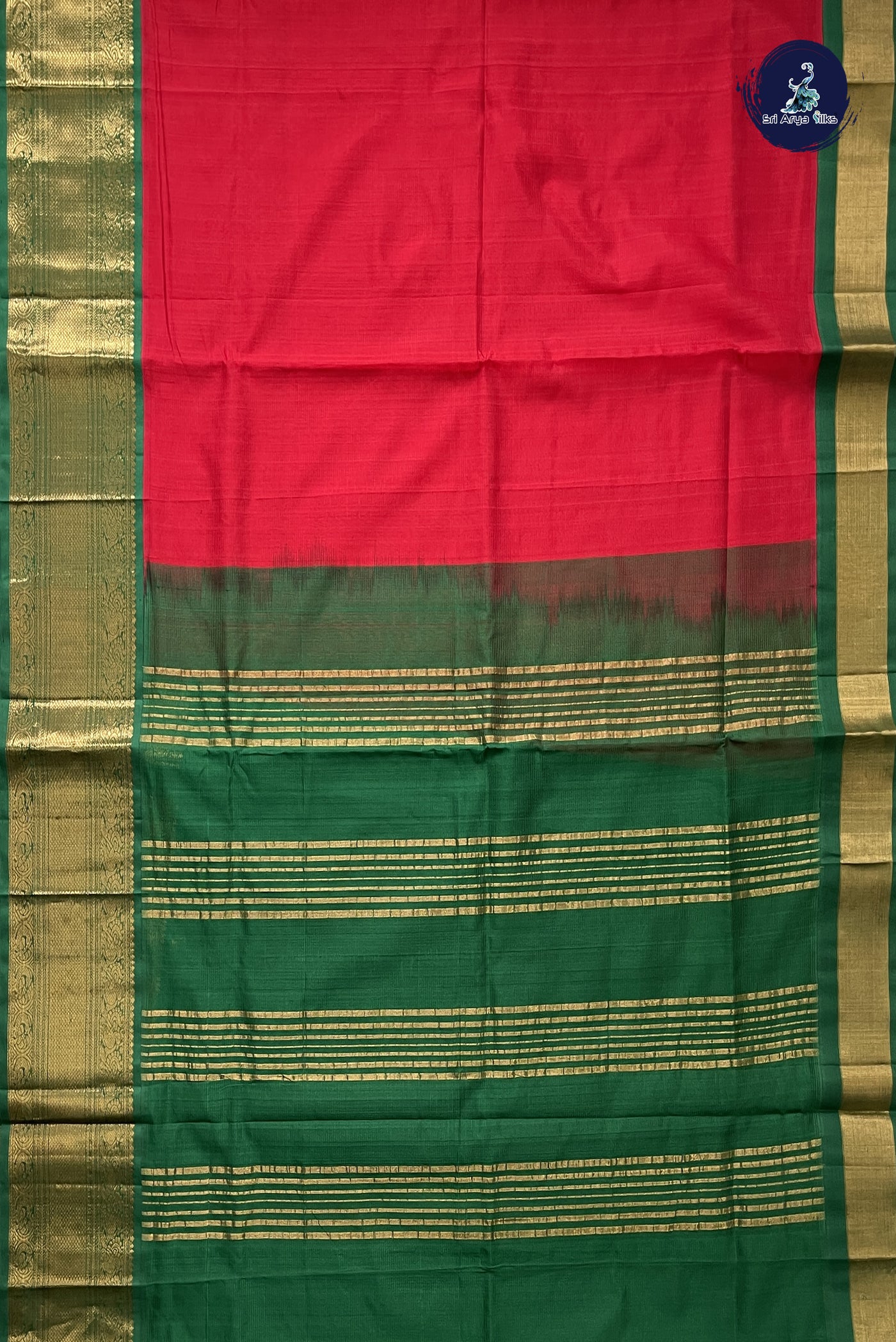 Bright Red Korvai Silk Cotton Saree With Doria Lines Pattern