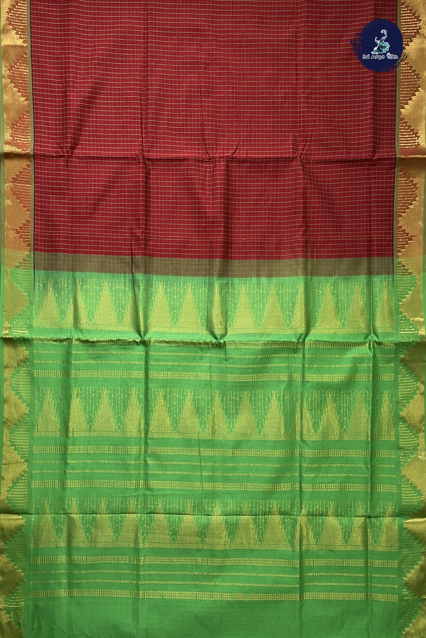 Brick Red Checked Saree With Checked Pattern