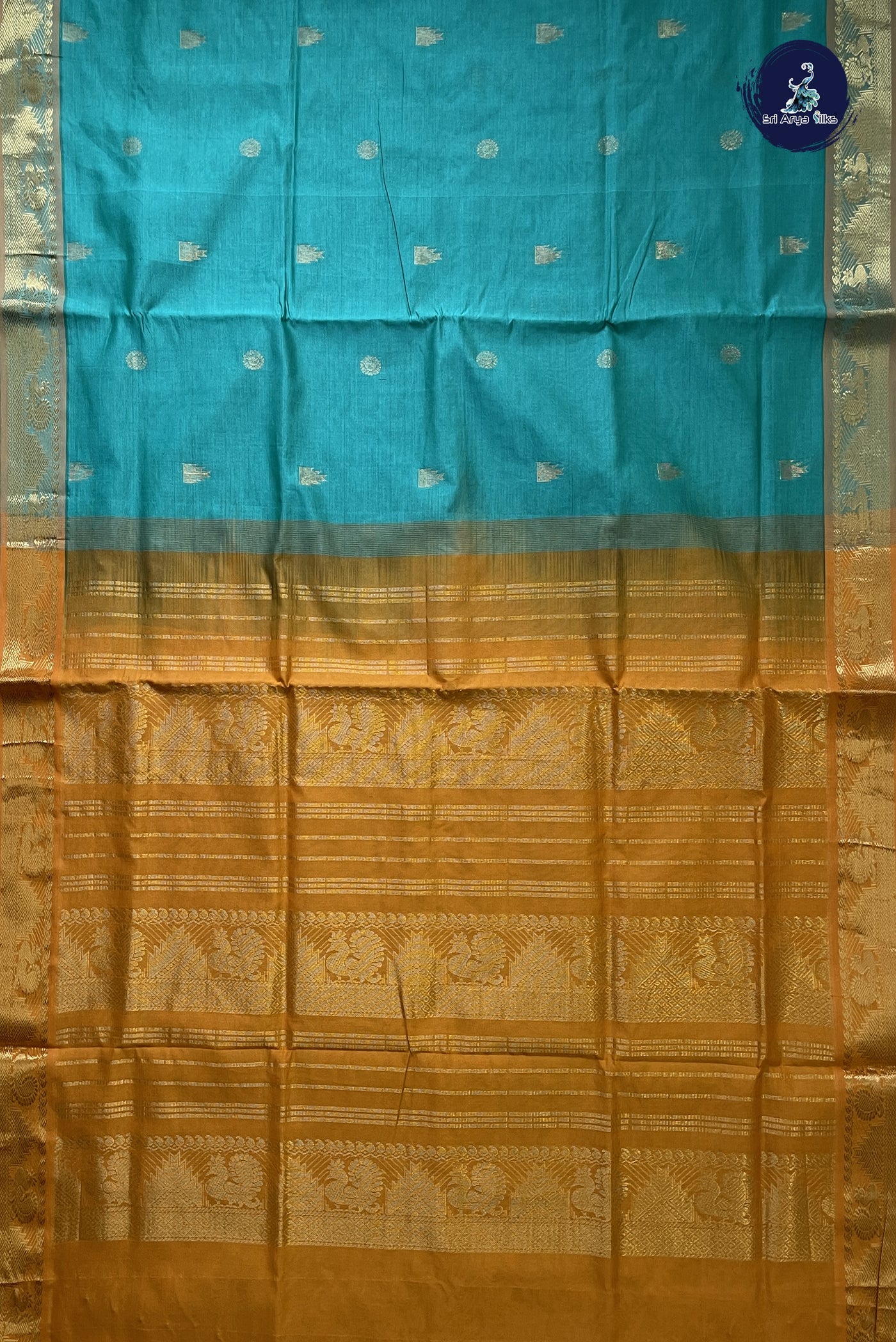 Sea Green Simple Silk Cotton Saree With Zari Buttas Pattern