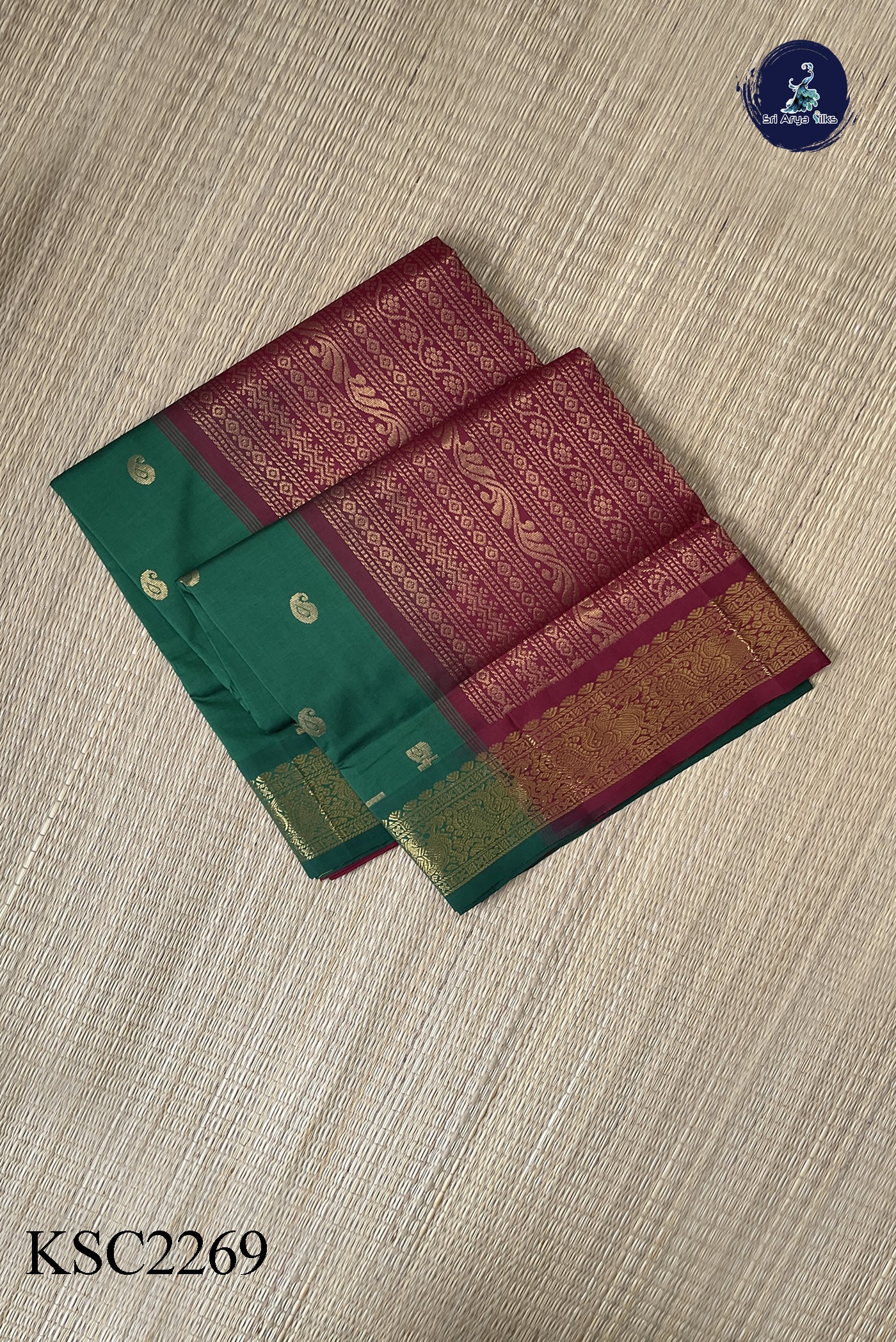 Bottle Green Simple Silk Cotton Saree With Zari Buttas Pattern