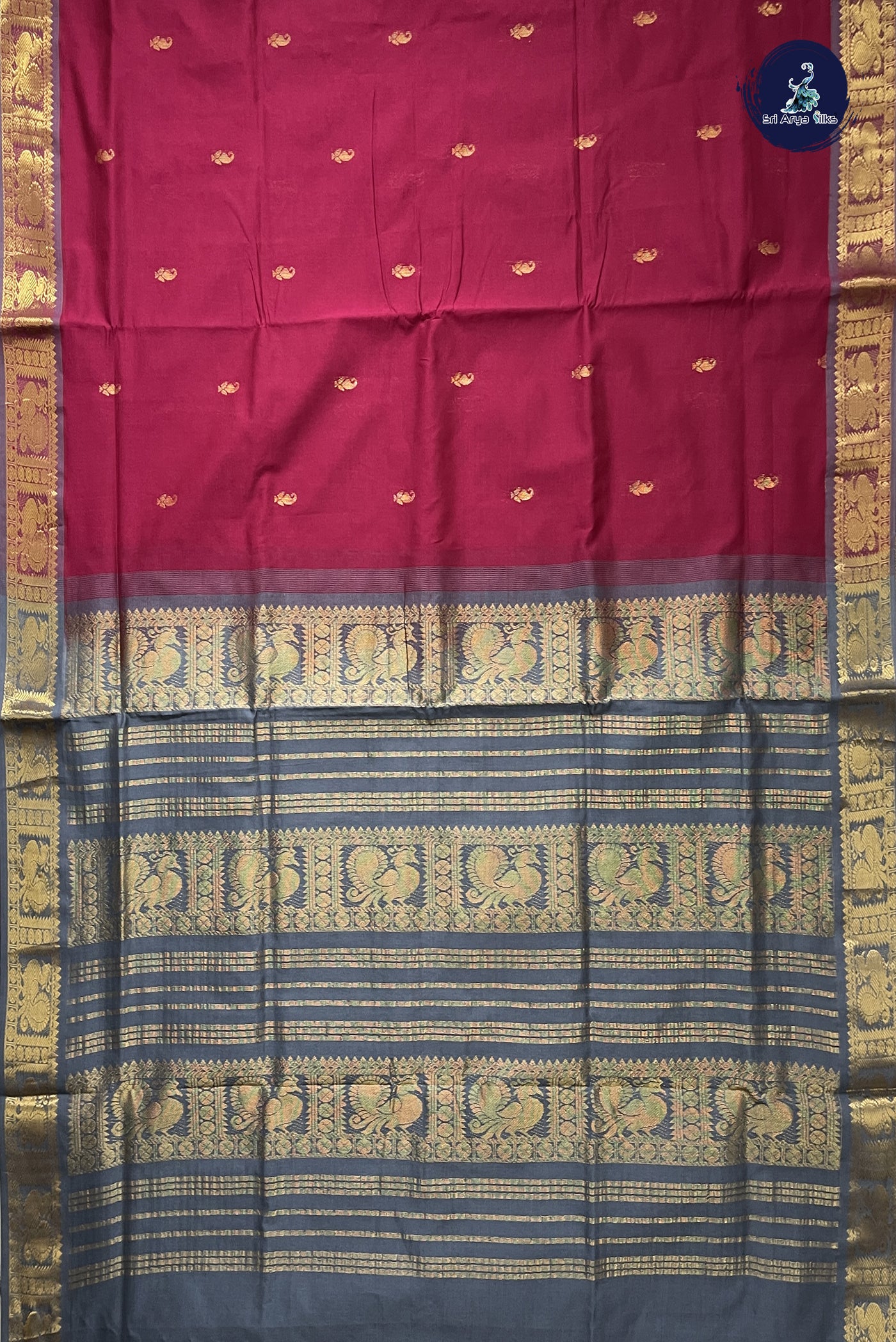 Dual Tone Maroon Simple Silk Cotton Saree With Zari Buttas Pattern