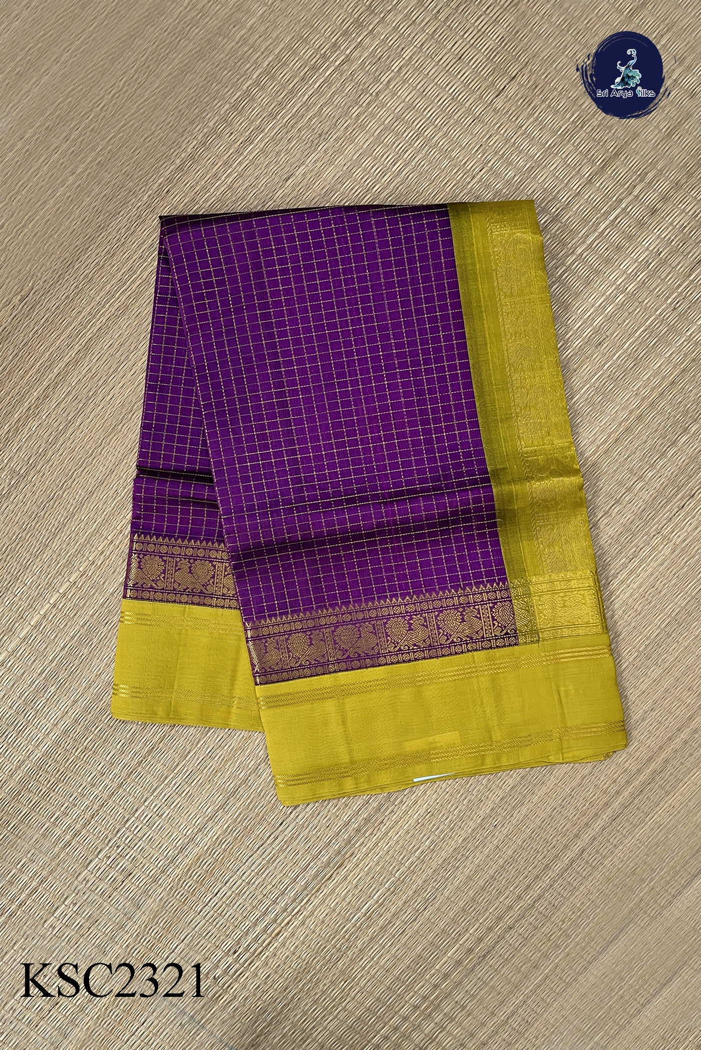 Purple Korvai Silk Cotton Saree With Zari Checked Pattern