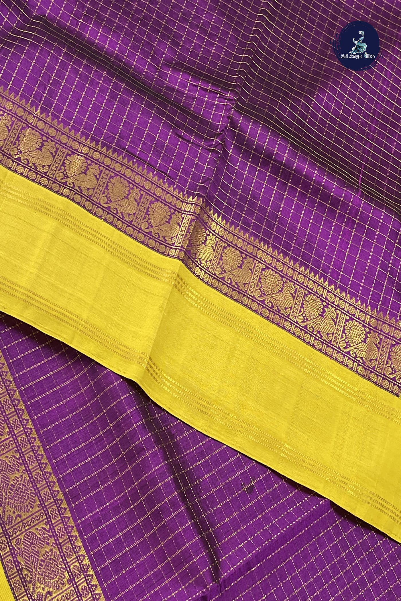 Purple Korvai Silk Cotton Saree With Zari Checked Pattern