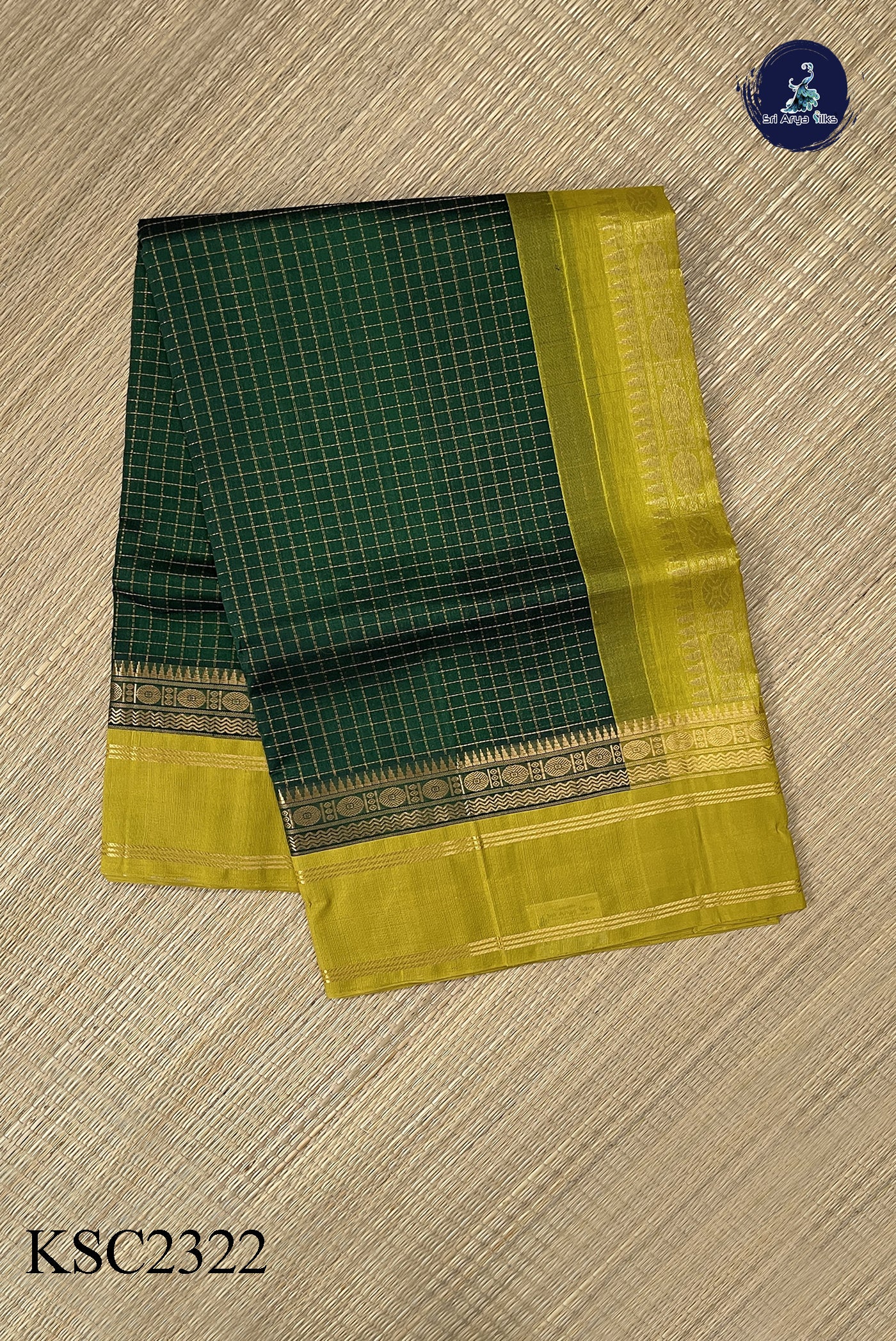 Dark Green Korvai Silk Cotton Saree With Zari Checked Pattern