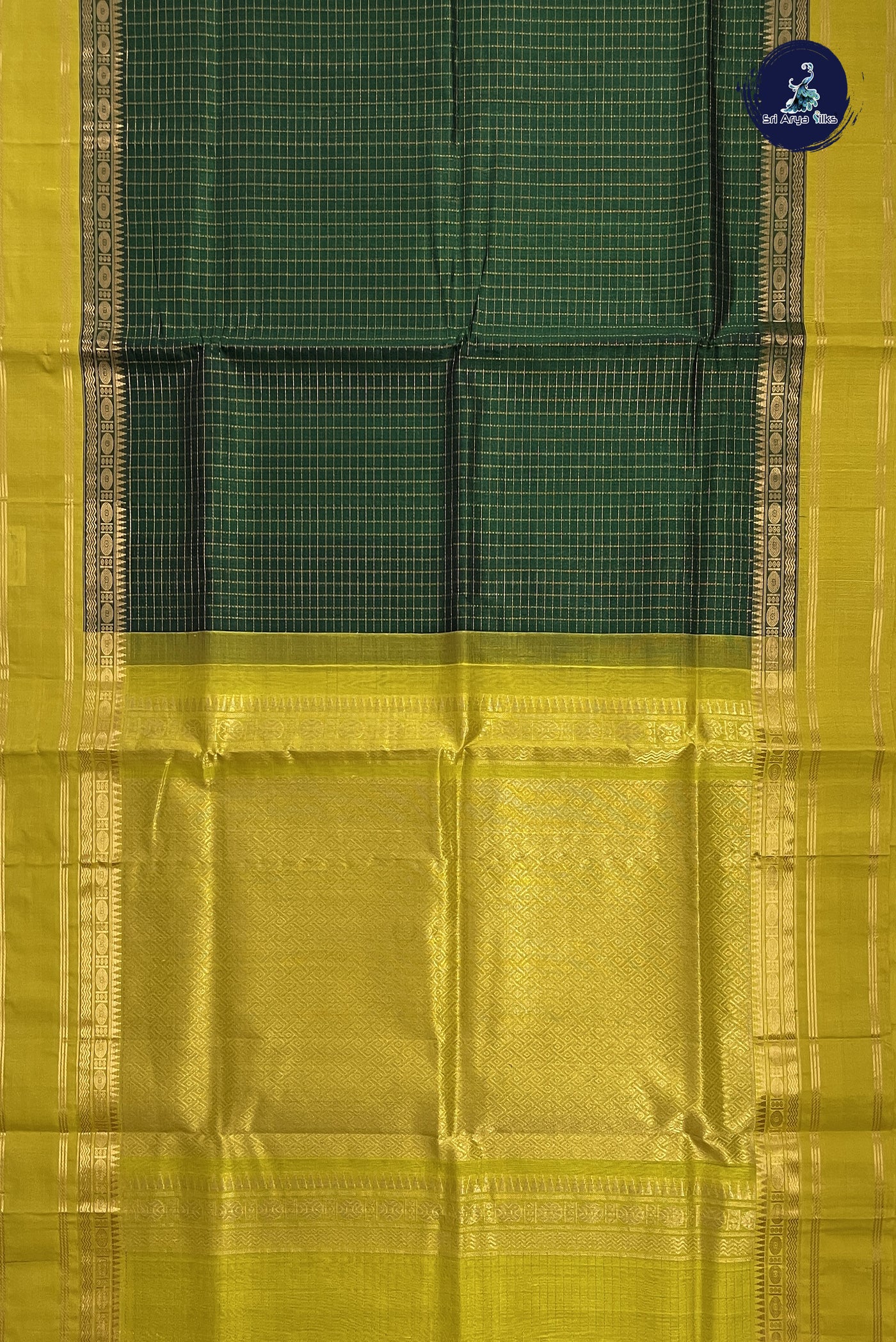 Dark Green Korvai Silk Cotton Saree With Zari Checked Pattern