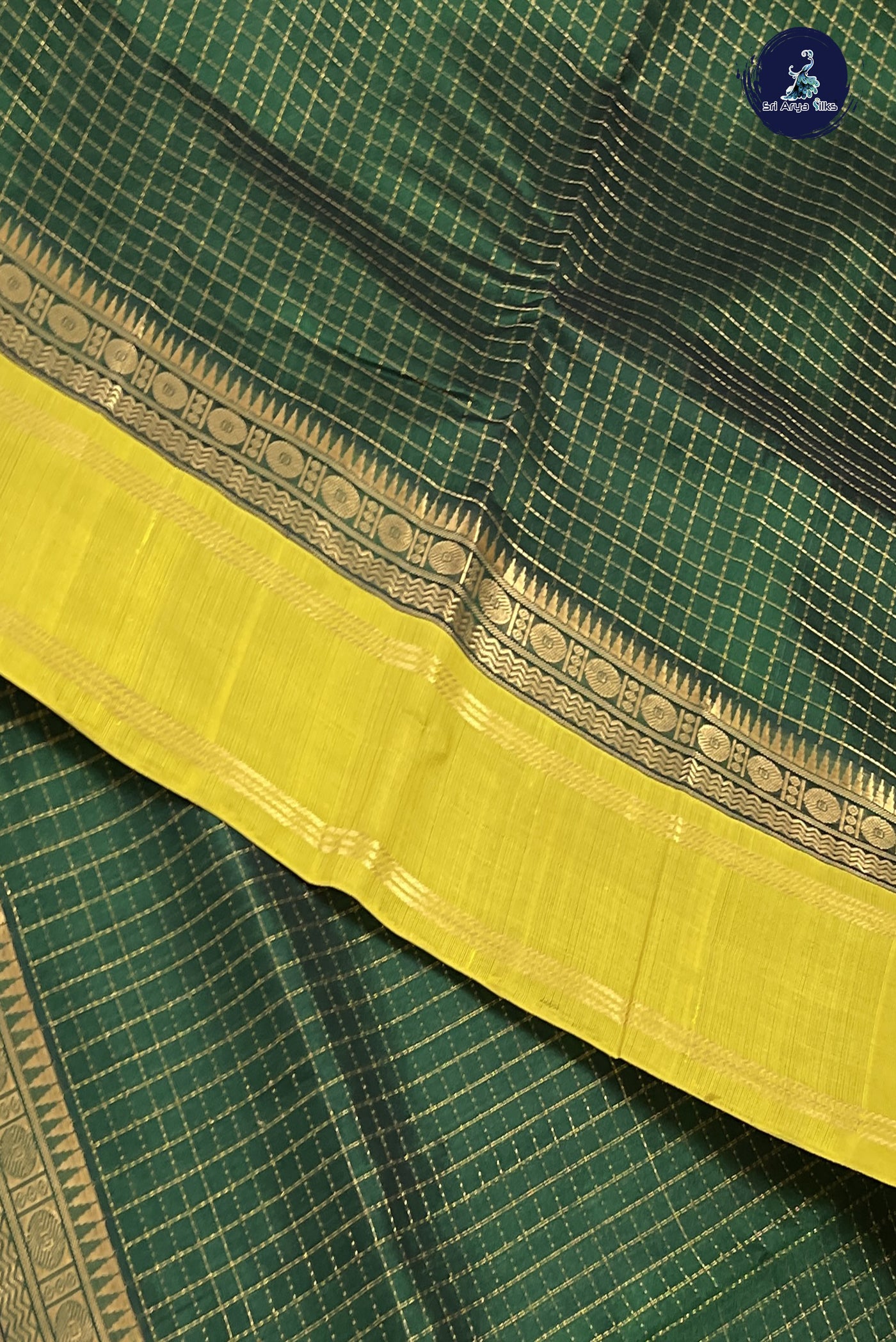 Dark Green Korvai Silk Cotton Saree With Zari Checked Pattern