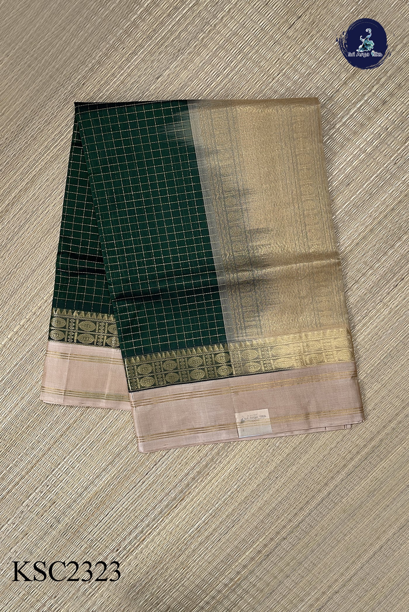 Dark Green Korvai Silk Cotton Saree With Zari Checked Pattern