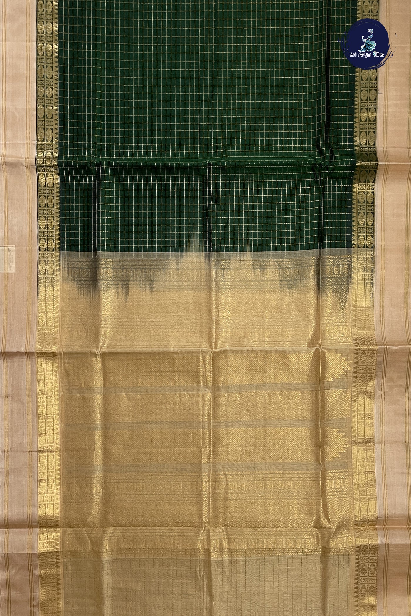 Dark Green Korvai Silk Cotton Saree With Zari Checked Pattern