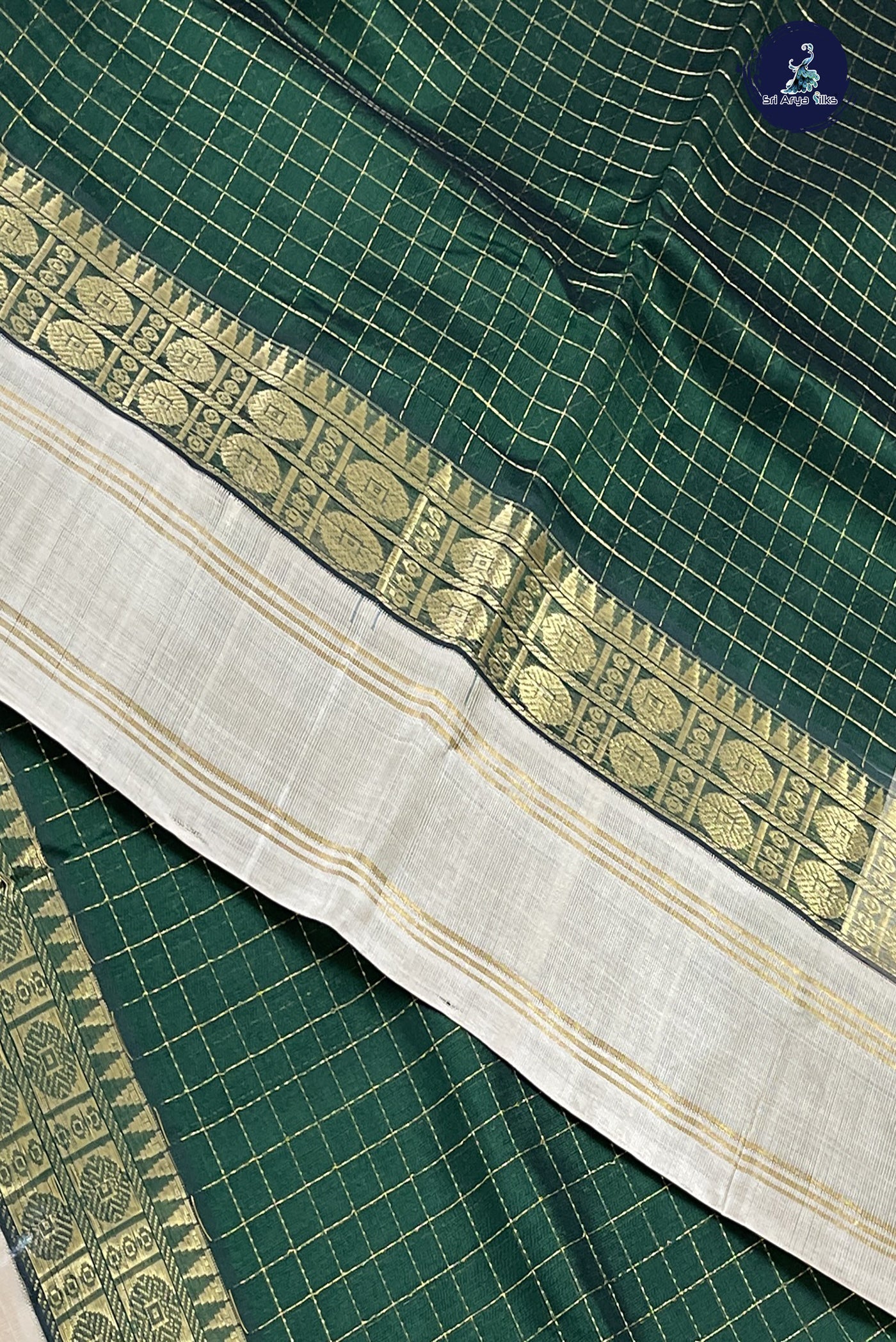 Dark Green Korvai Silk Cotton Saree With Zari Checked Pattern