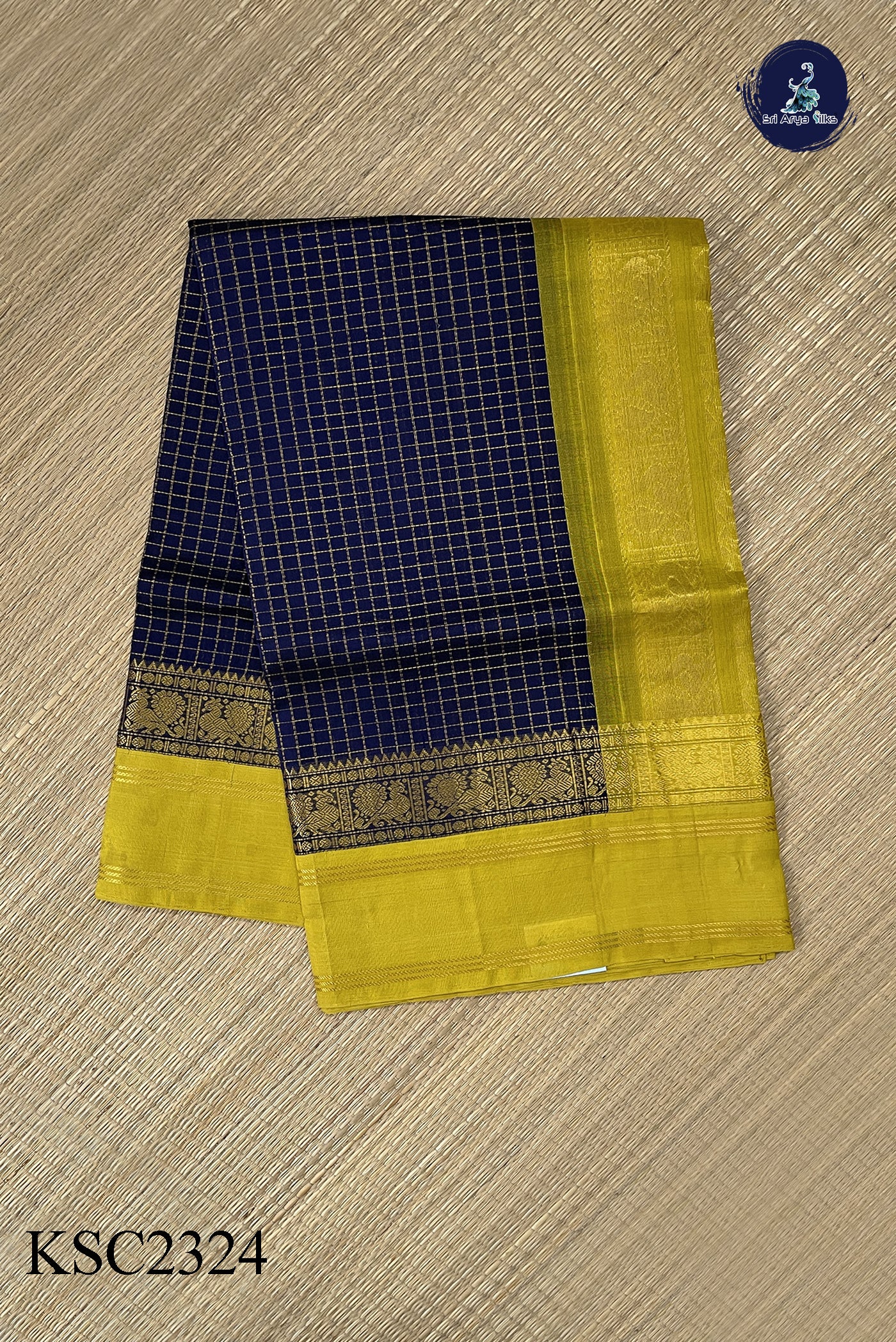 Dark Blue Korvai Silk Cotton Saree With Zari Checked Pattern