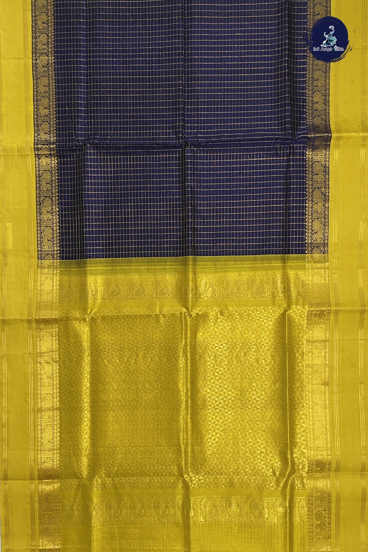 Dark Blue Korvai Silk Cotton Saree With Zari Checked Pattern