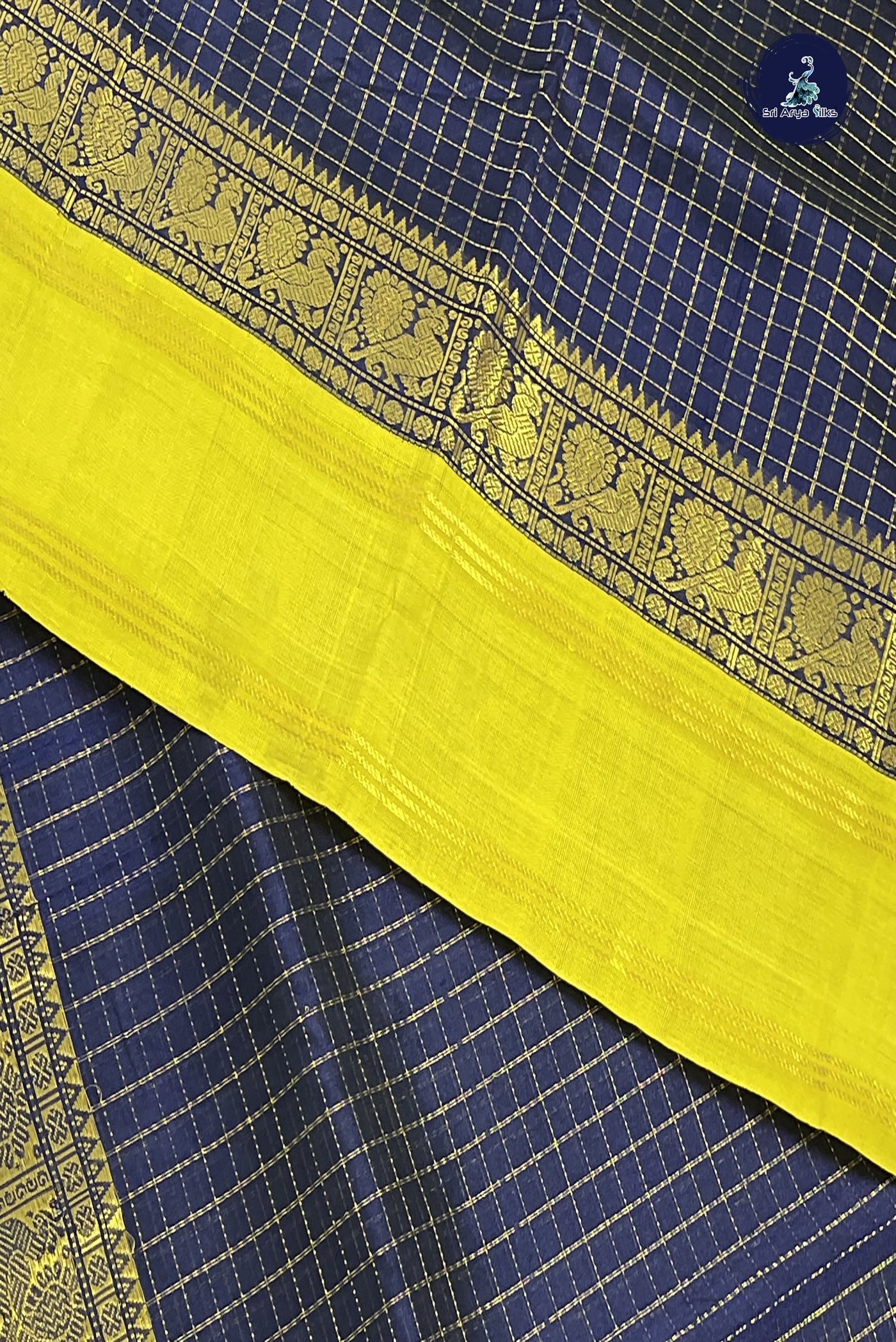 Dark Blue Korvai Silk Cotton Saree With Zari Checked Pattern