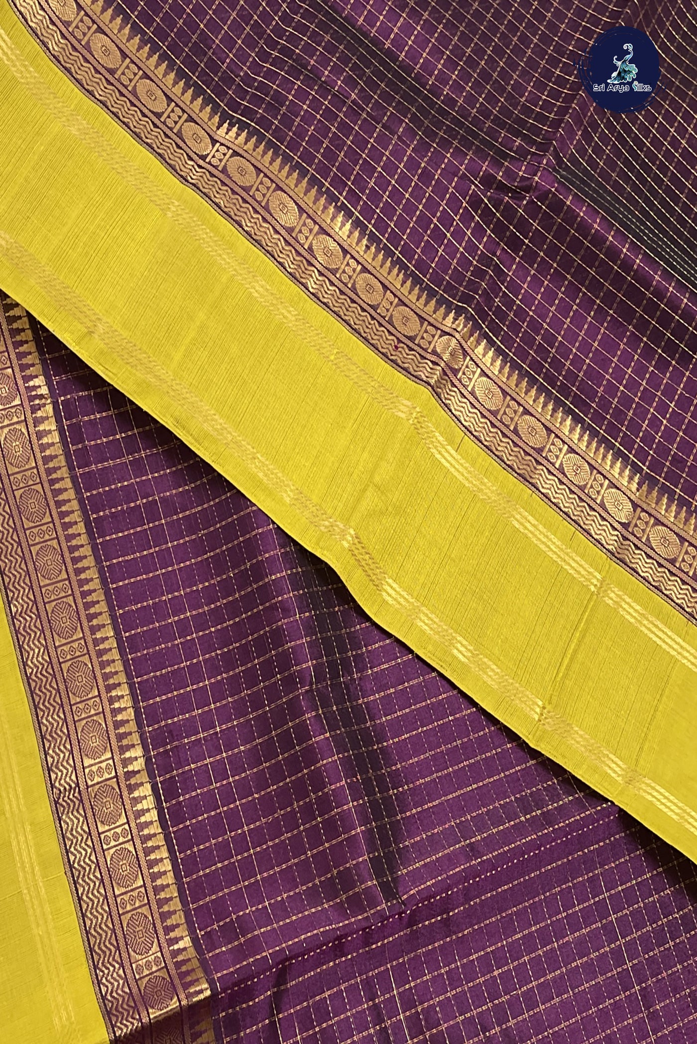 Jamun Korvai Silk Cotton Saree With Zari Checked Pattern