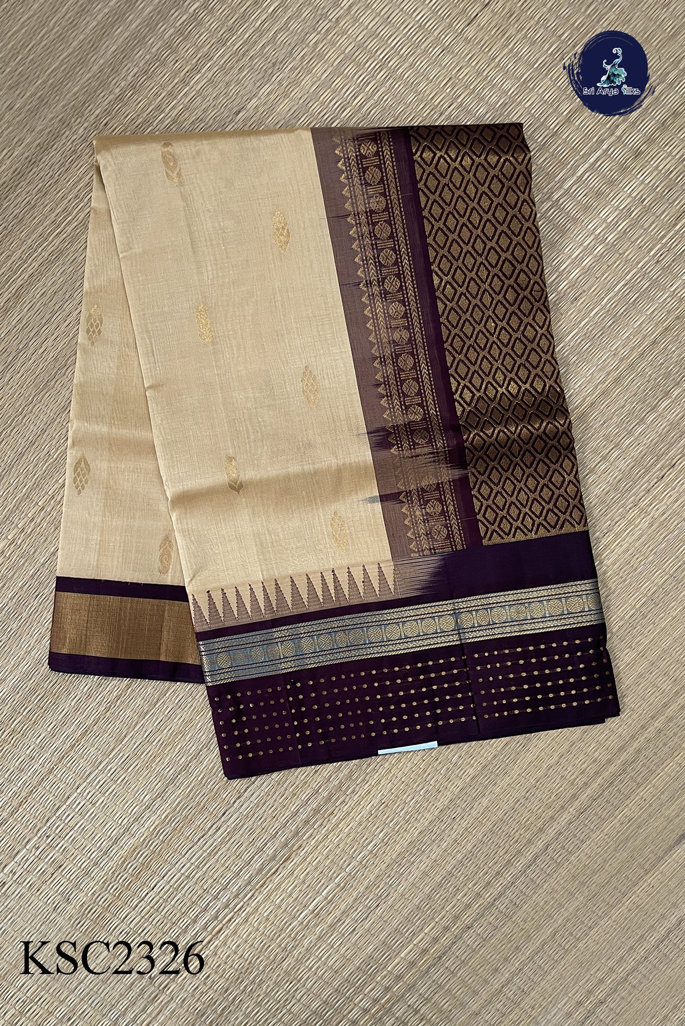 Beige Korvai Silk Cotton Saree With Plain Pattern