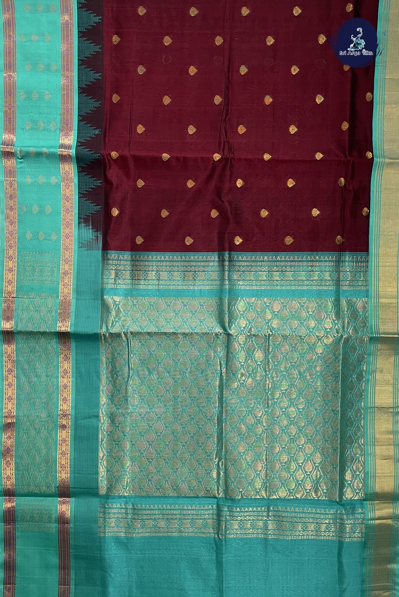 Dual Tone Maroon Korvai Silk Cotton Saree With Zari Buttas Pattern