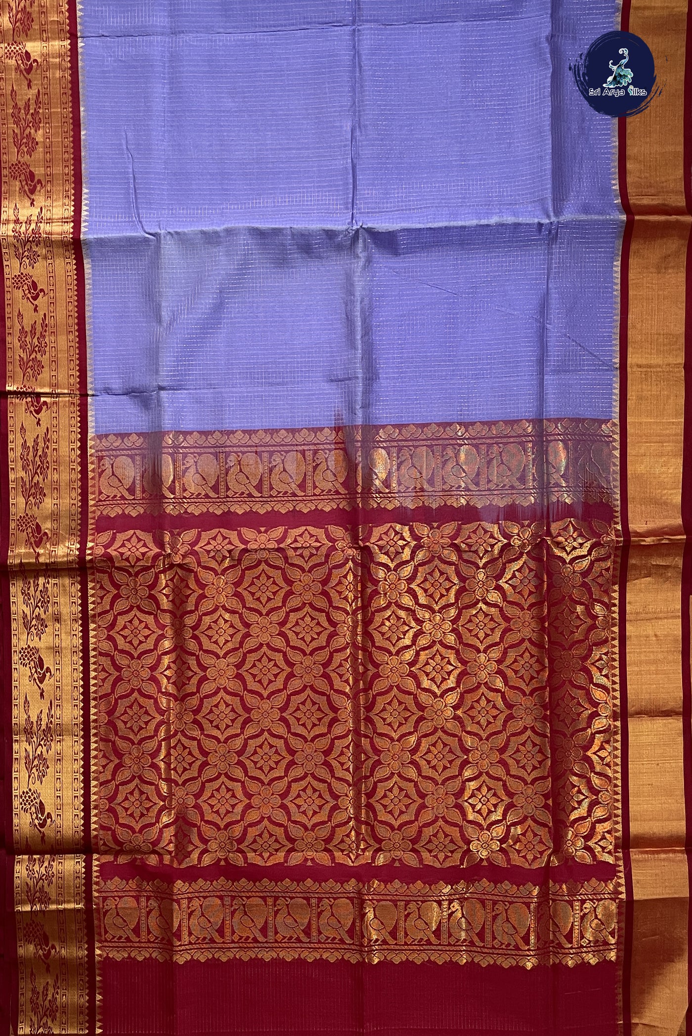 Lavender Korvai Silk Cotton Saree With Zari Checked Pattern