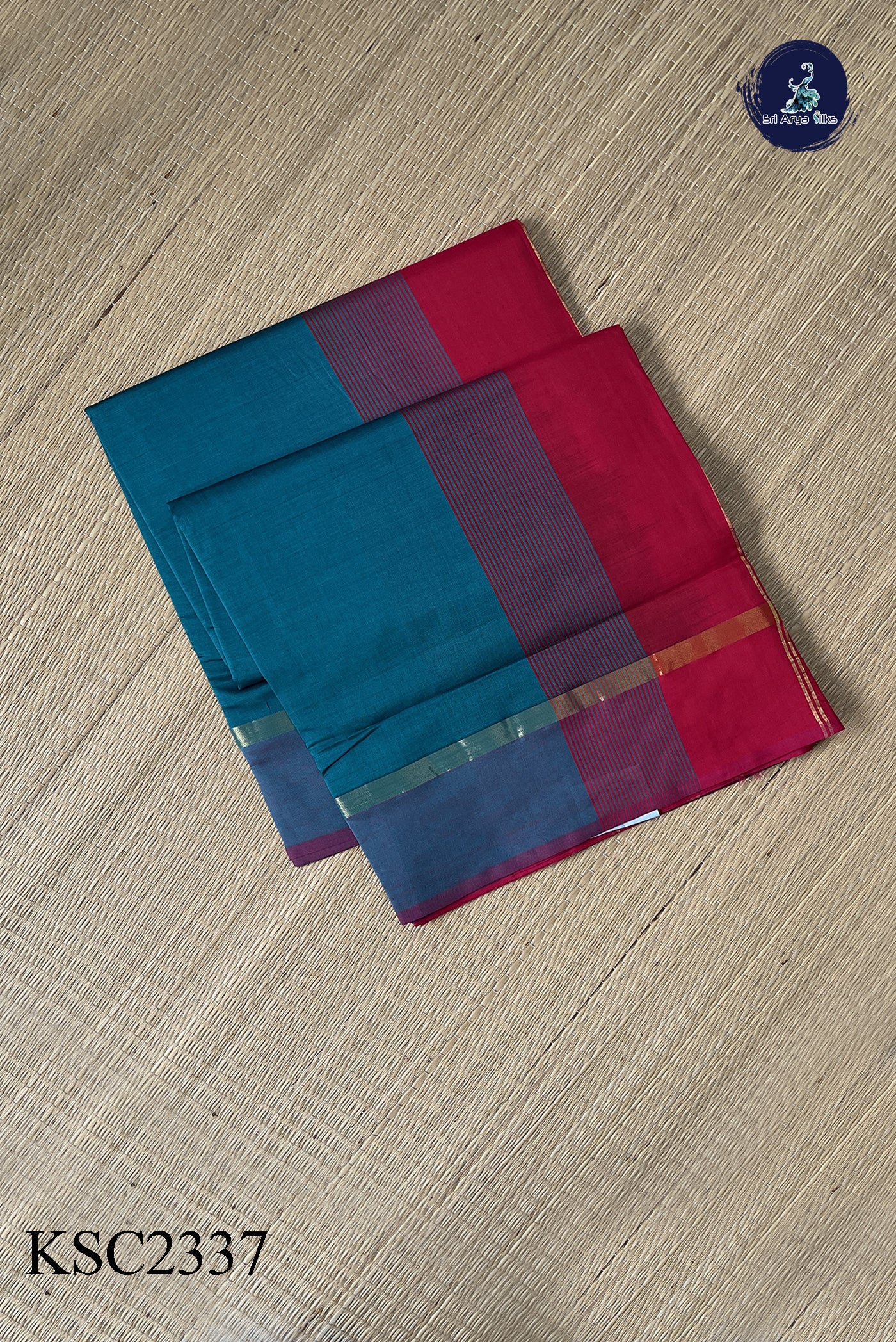 Sapphire Green Semi Silk Cotton Saree With Plain Pattern