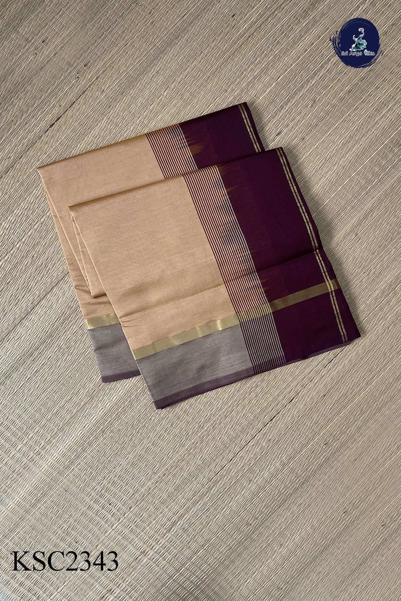 Light Peach Semi Silk Cotton Saree With Plain Pattern