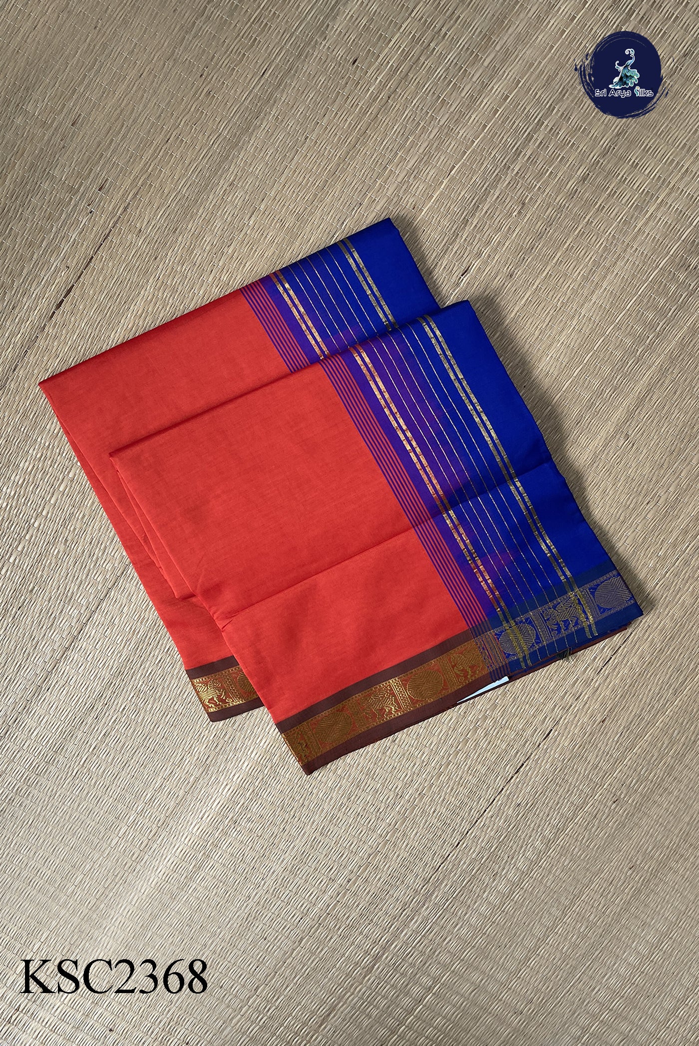 Orange Semi Silk Cotton Saree With Plain Pattern