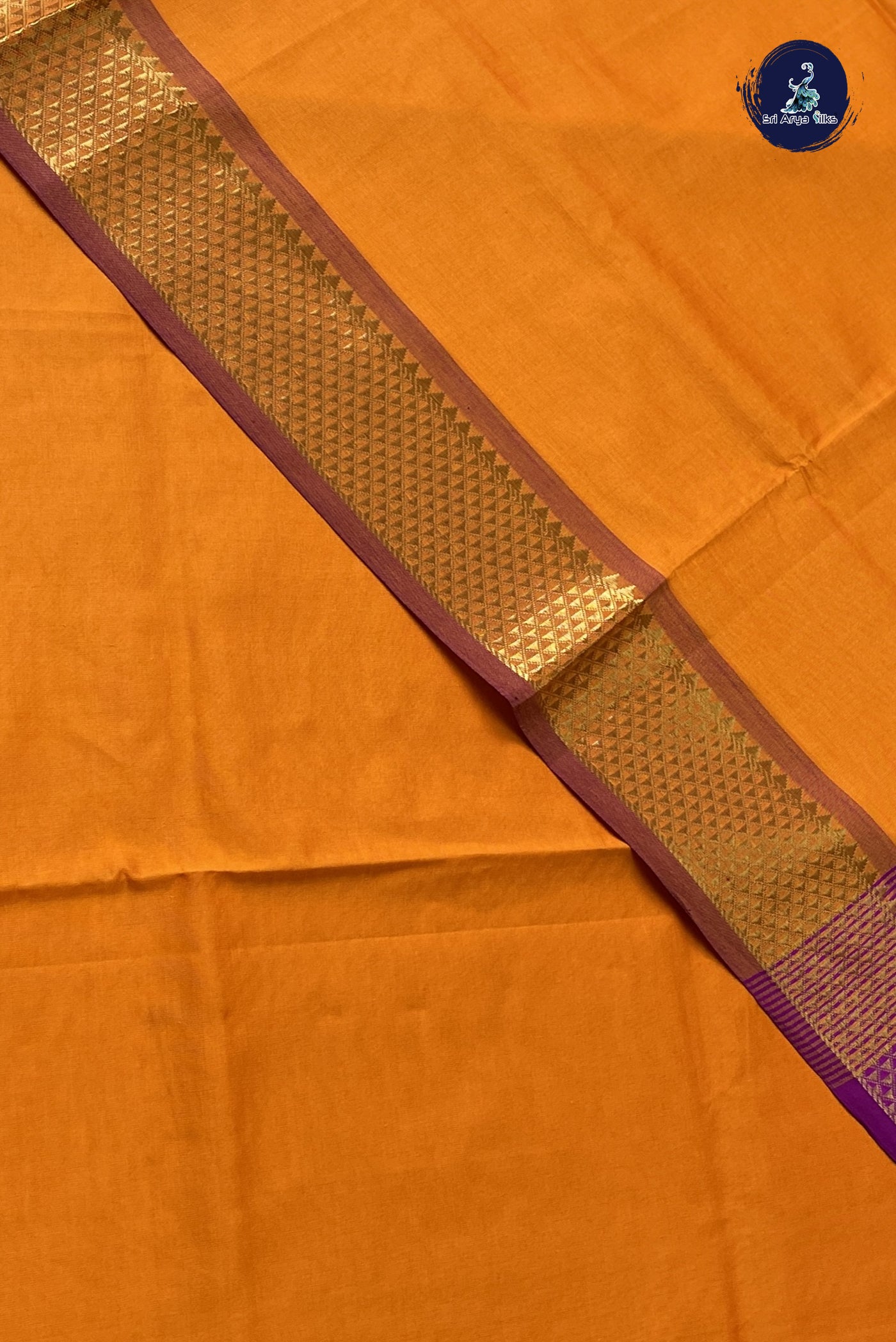 Yellowish Orange Semi Silk Cotton Saree With Plain Pattern