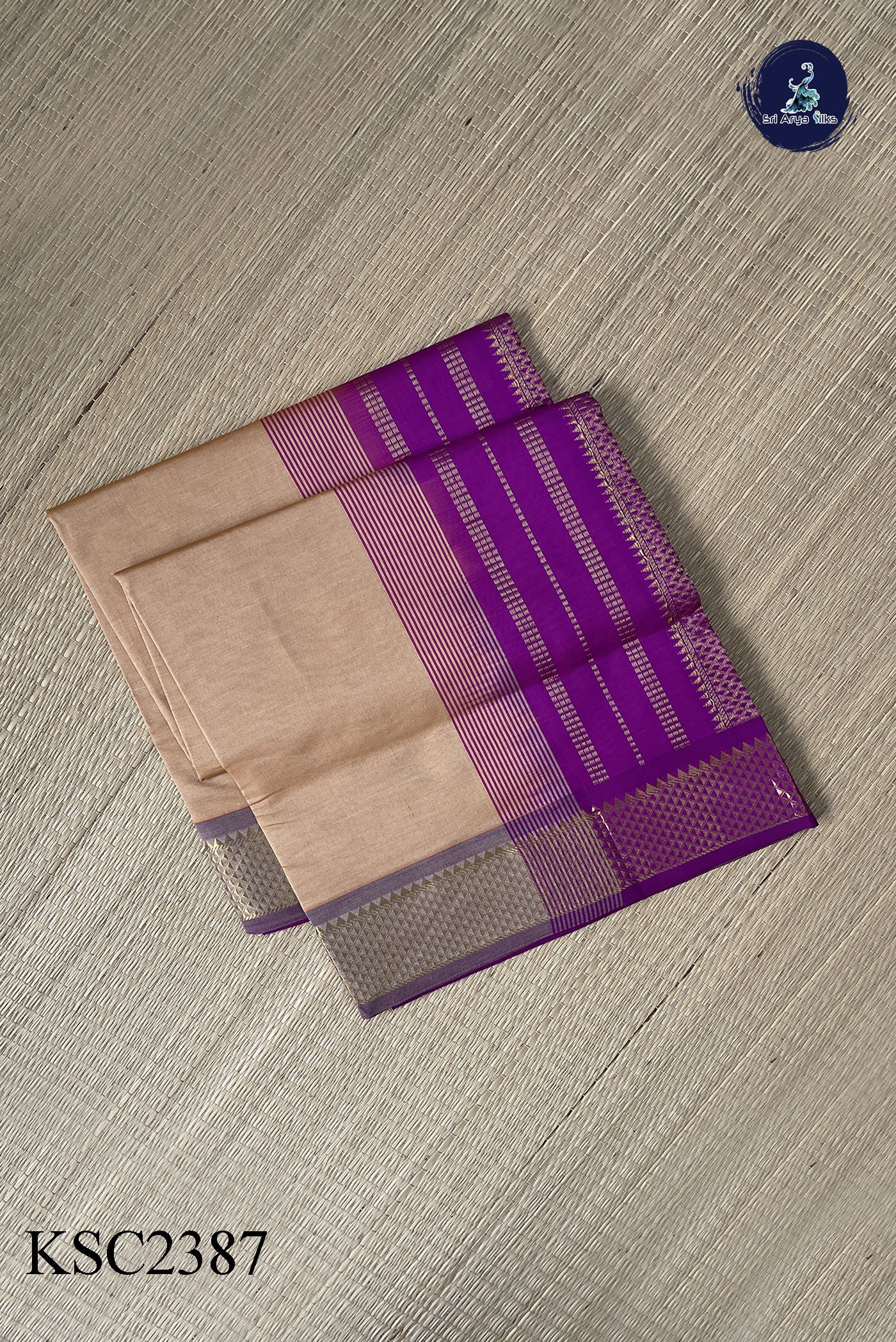 Beige Semi Silk Cotton Saree With Plain Pattern