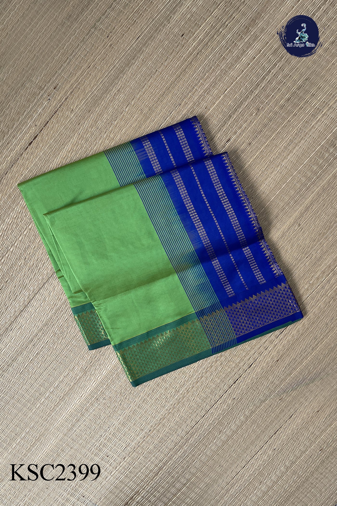 Sea Green Semi Silk Cotton Saree With Plain Pattern