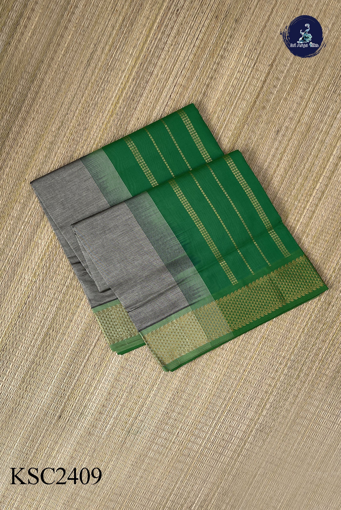 Grey Semi Silk Cotton Saree With Plain Pattern