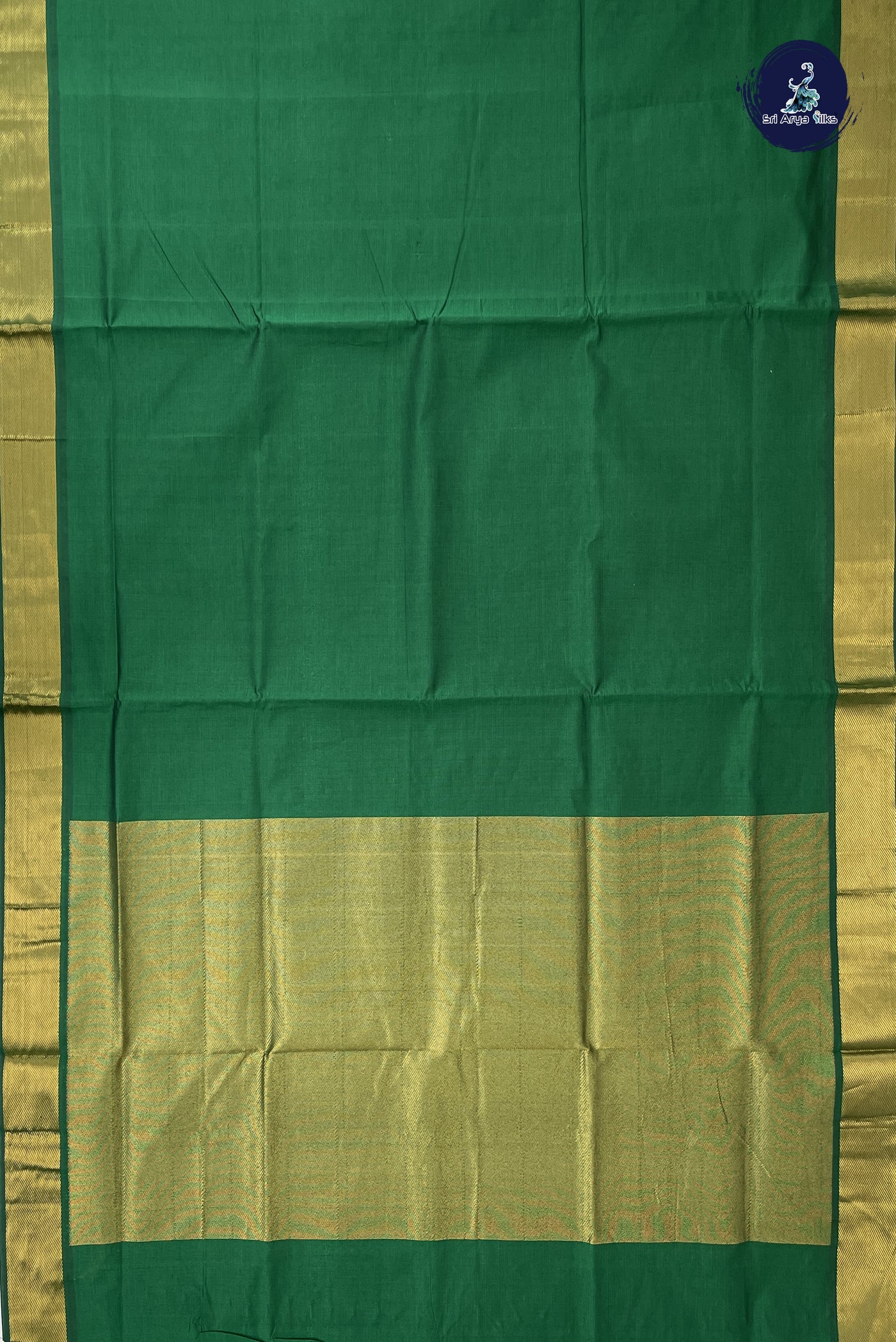 Dark Green Semi Silk Cotton Saree With Plain Pattern