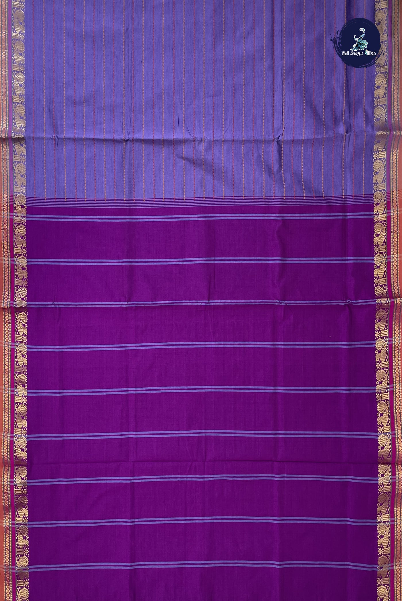 Lavender Semi Silk Cotton Saree With Veldhari Stripes Pattern