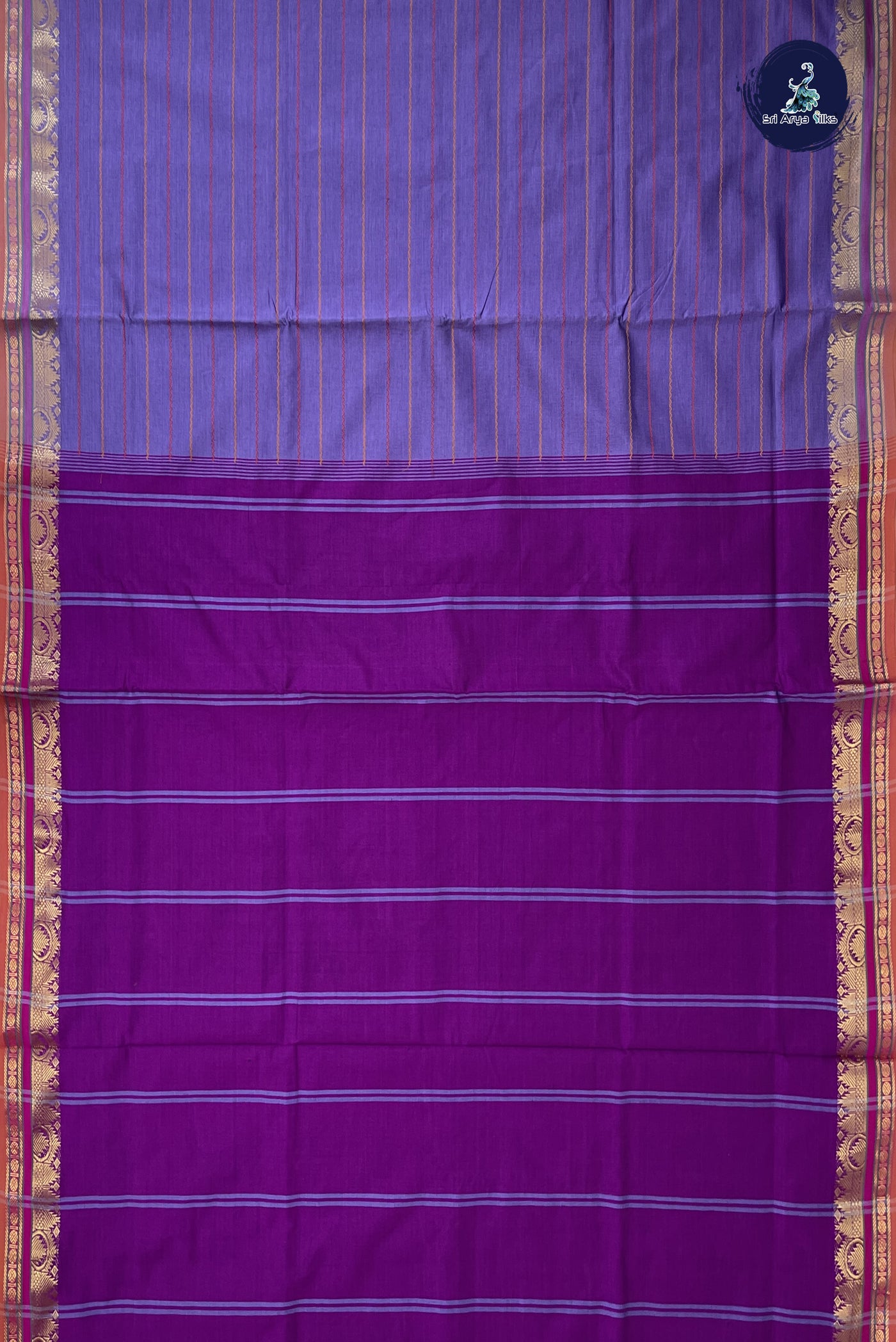 Lavender Semi Silk Cotton Saree With Veldhari Stripes Pattern