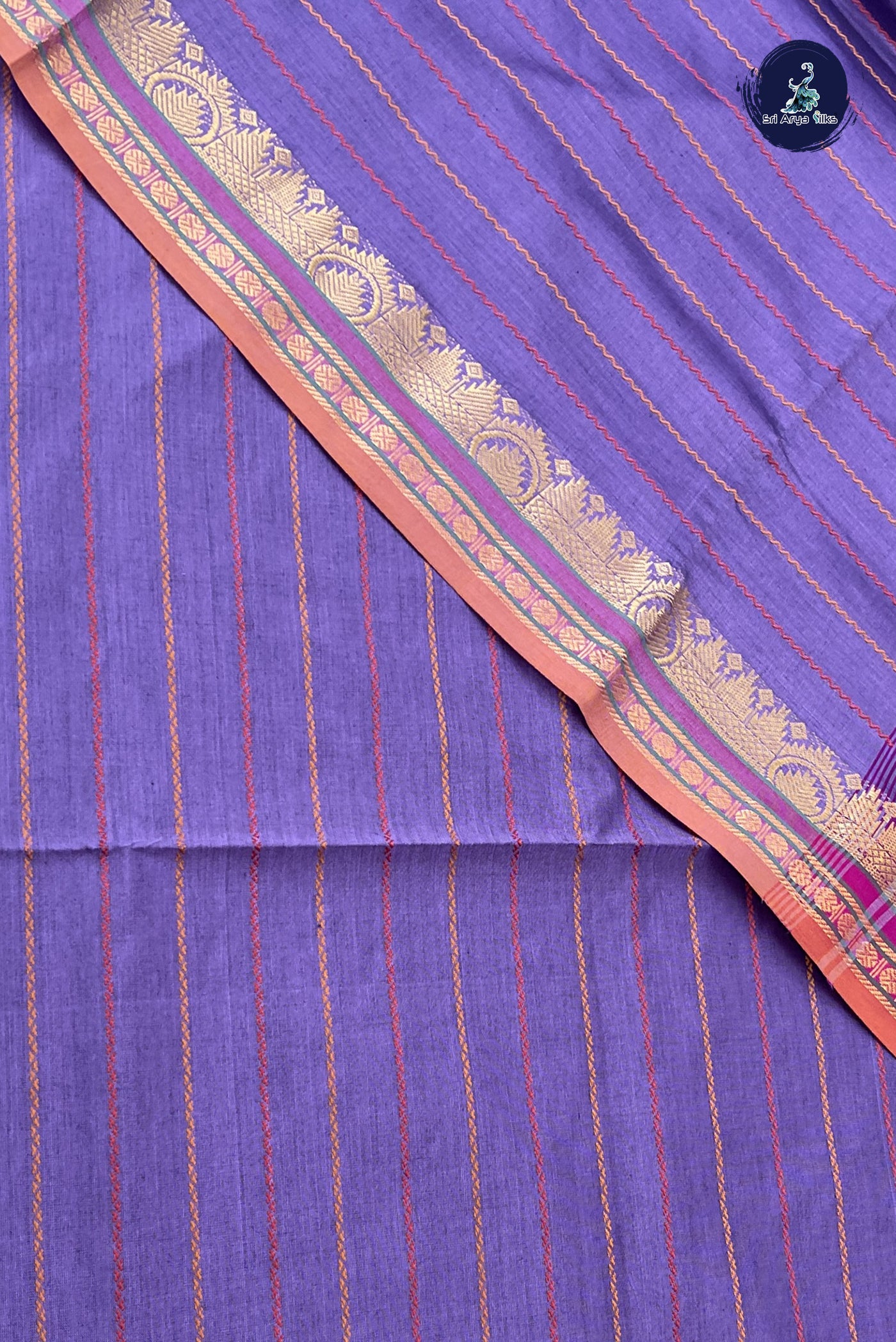 Lavender Semi Silk Cotton Saree With Veldhari Stripes Pattern