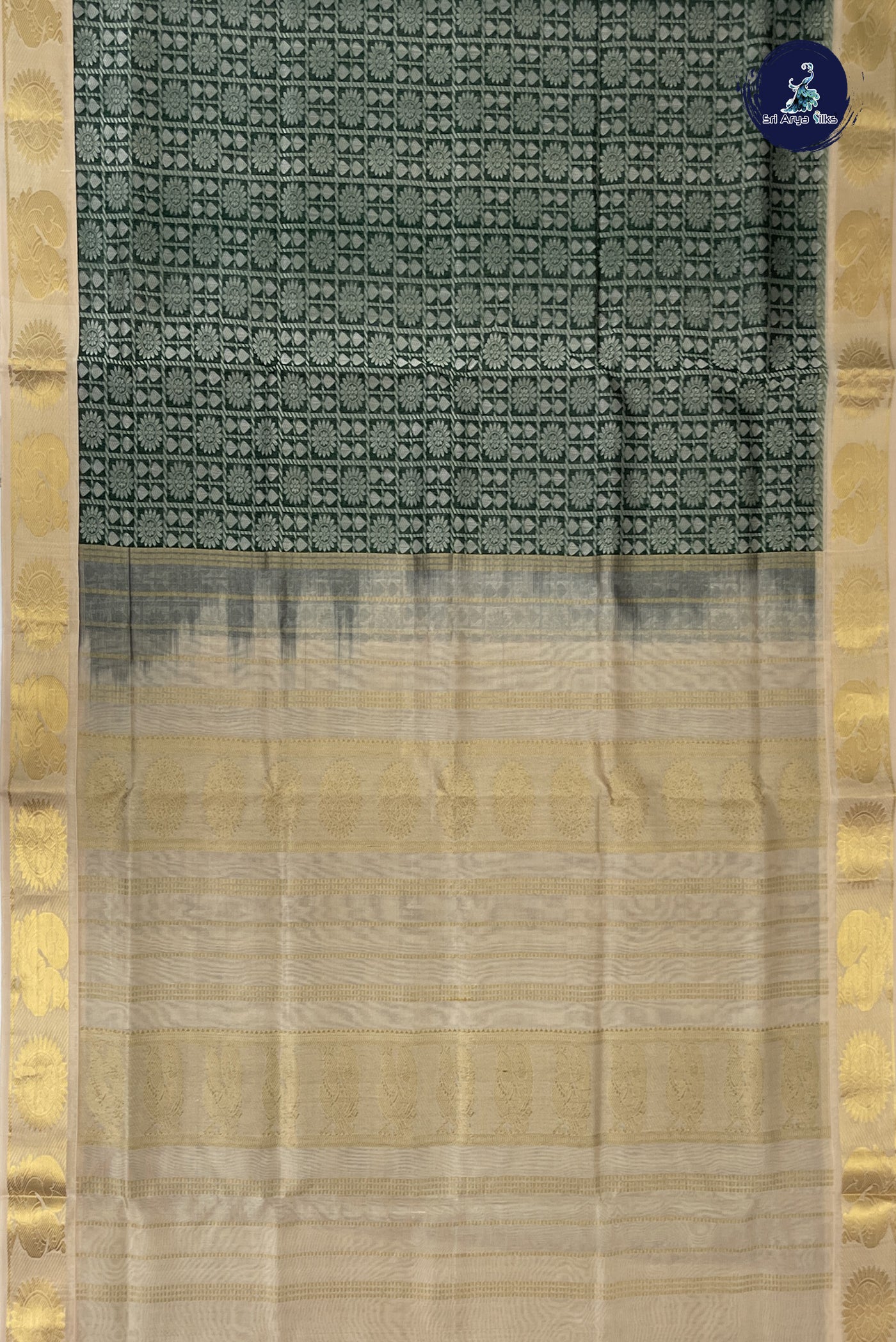 Bottle Green Korvai Silk Cotton Saree With Embossed Pattern