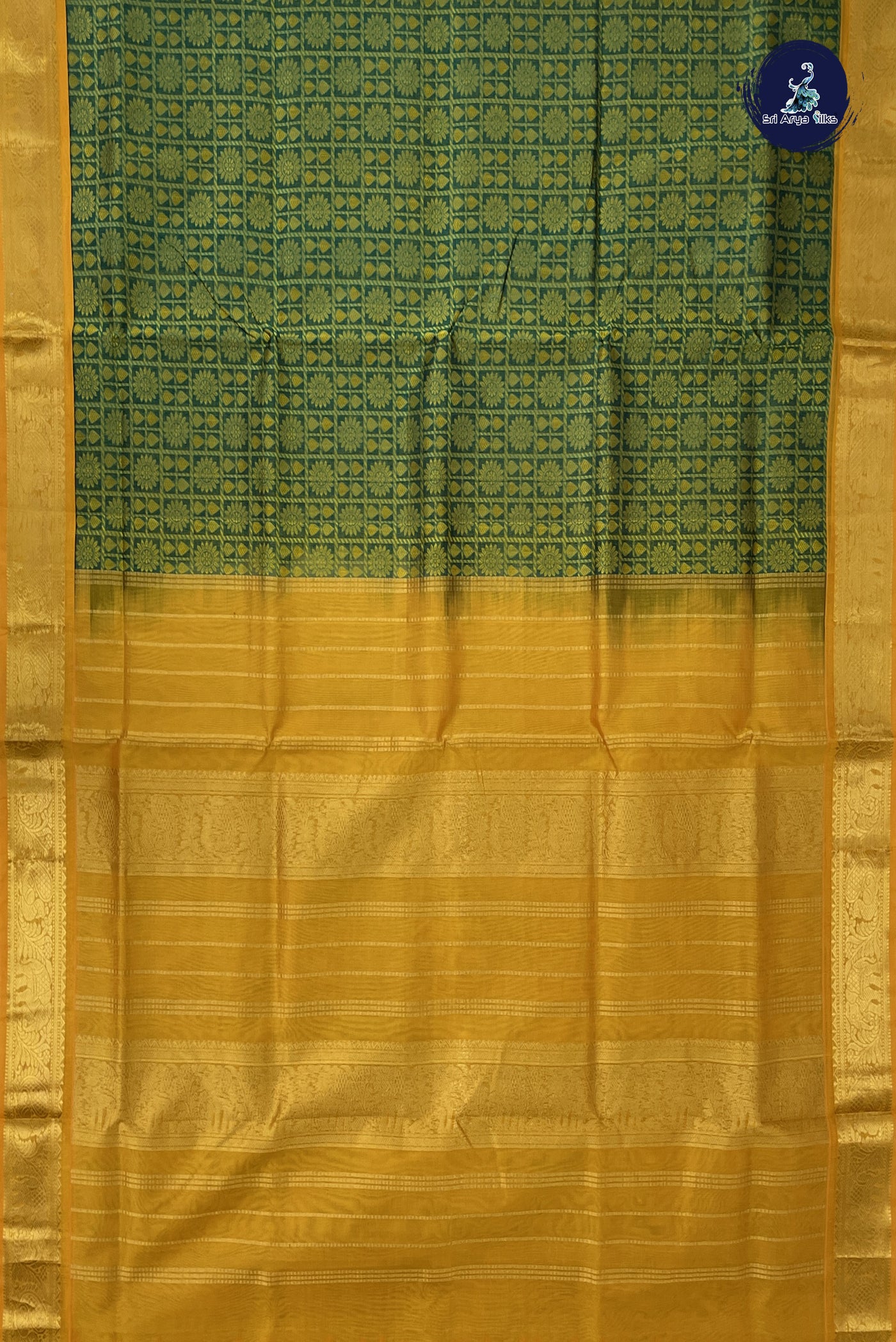 Dark Green Korvai Silk Cotton Saree With Embossed Pattern