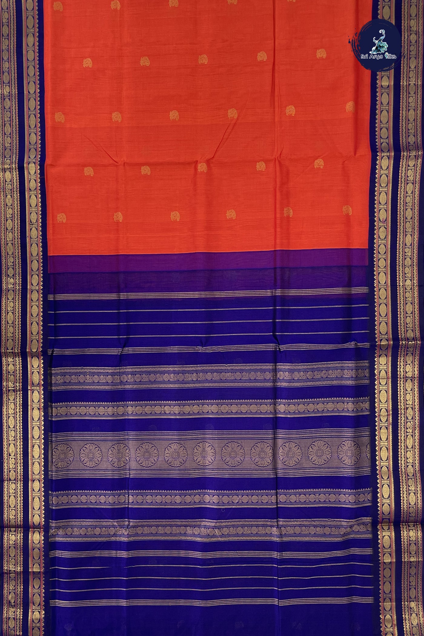 Orange Korvai Silk Cotton Saree With Zari Buttas Pattern