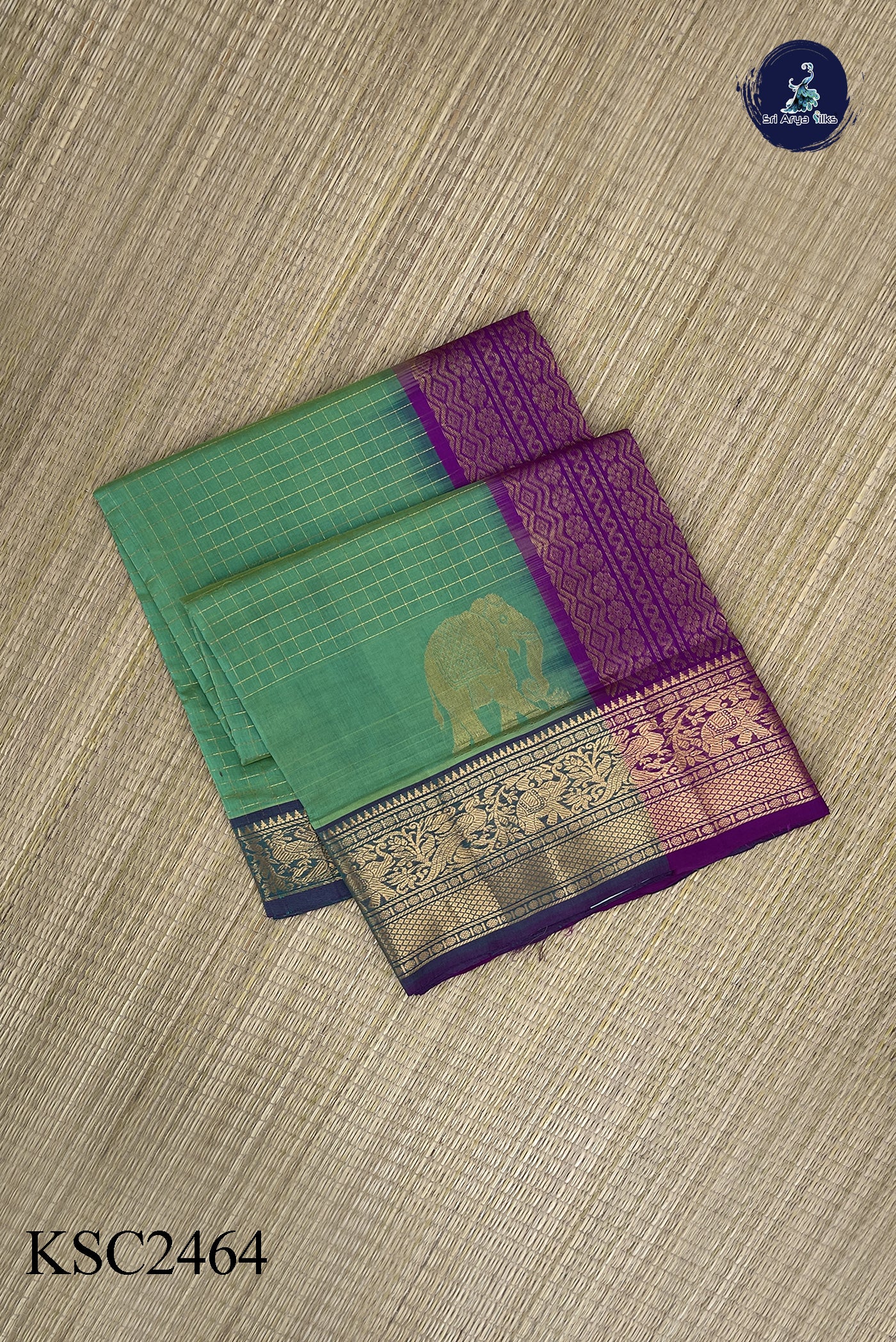 Sea Green Bridal Silk Cotton Saree With Zari Checked Pattern