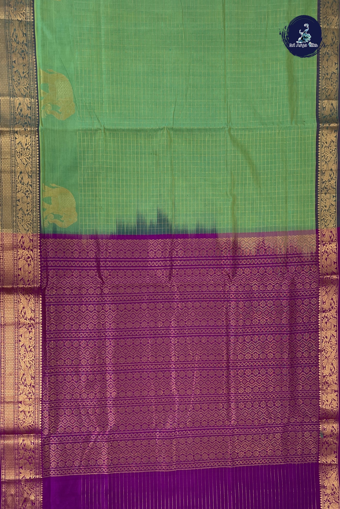 Sea Green Bridal Silk Cotton Saree With Zari Checked Pattern