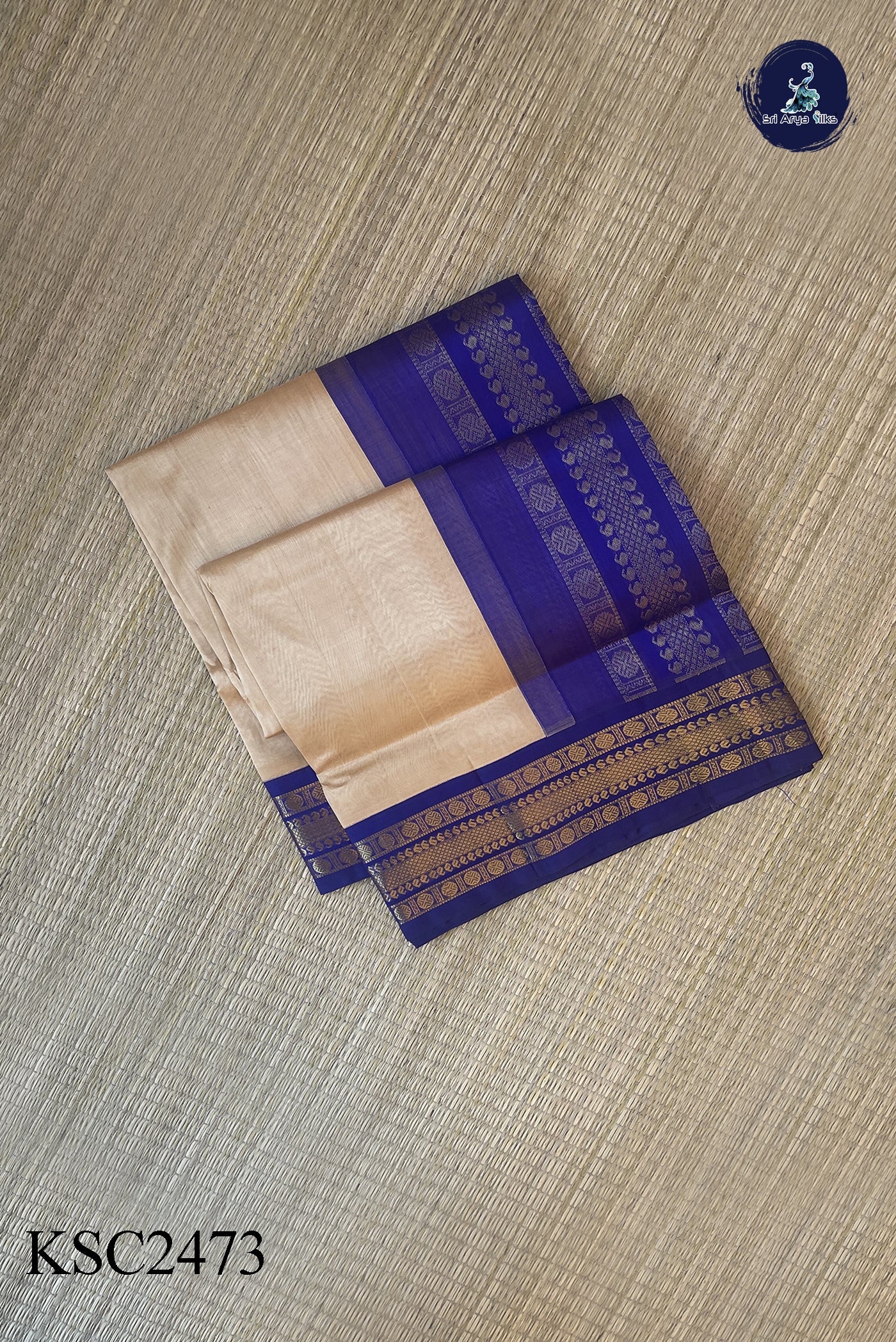 Beige Korvai Contrast Silk Saree With Plain Pattern