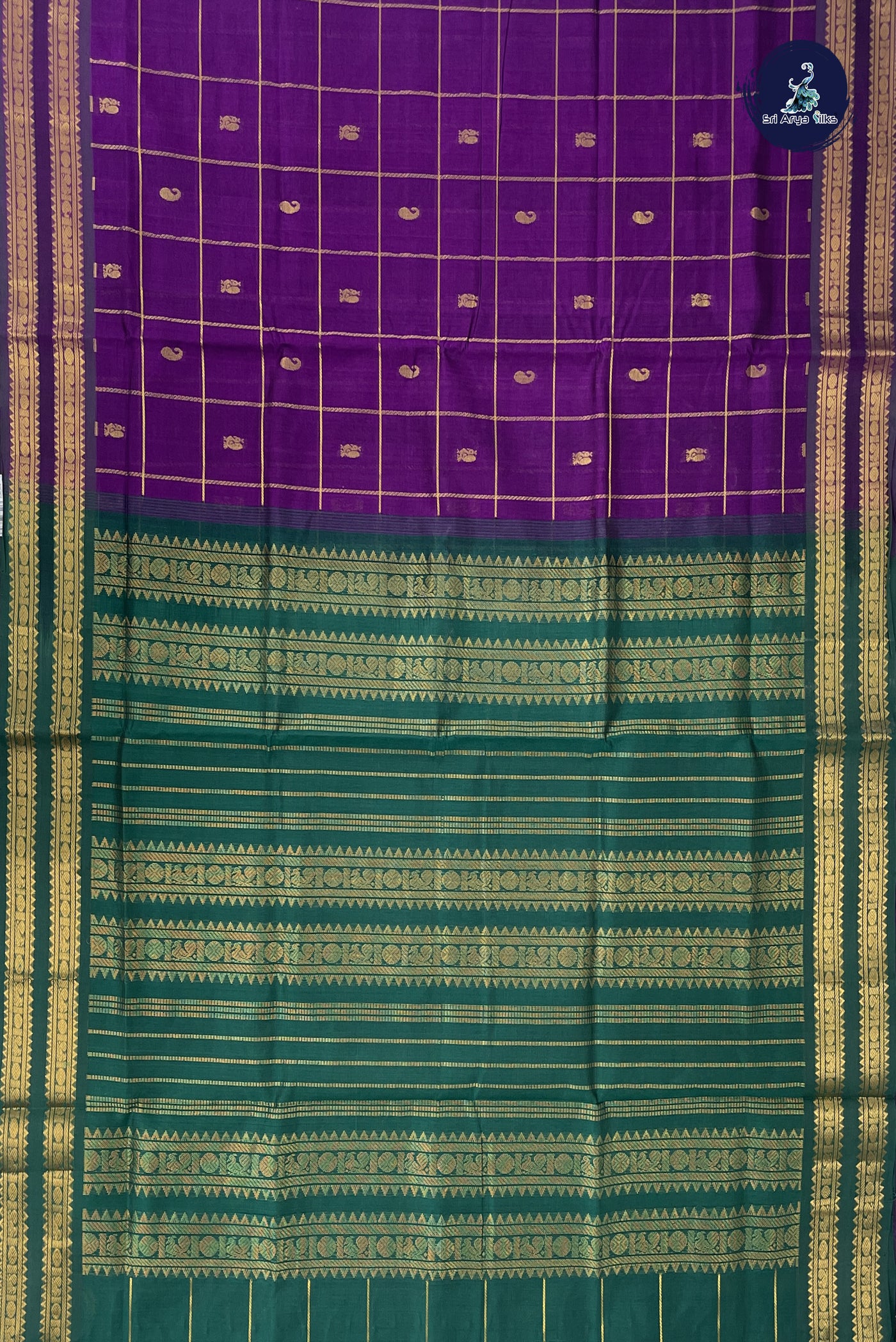 Dark Brinjal Bridal Silk Cotton Saree With Zari Checked Pattern