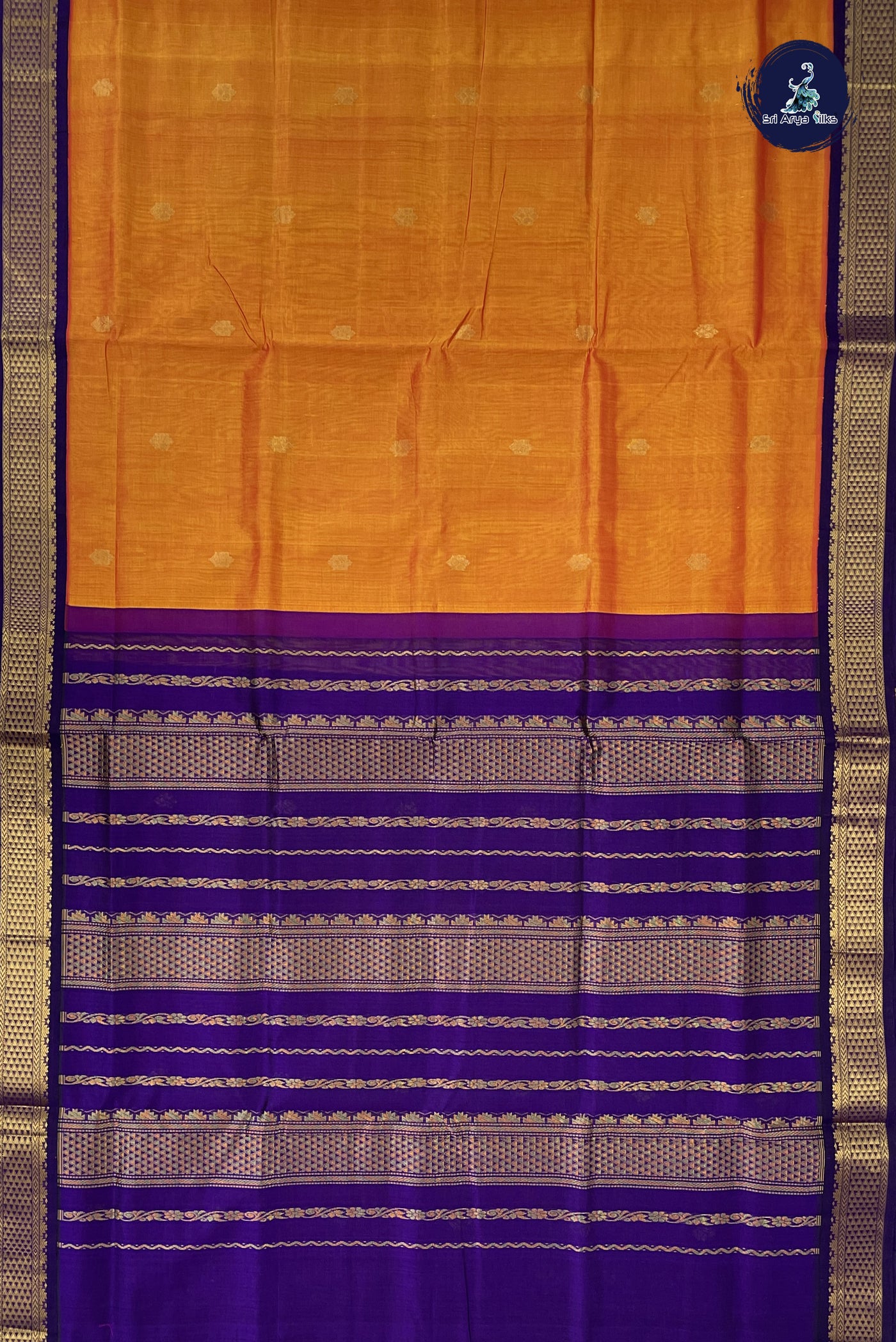 Lite Mustard Orange Korvai Silk Cotton Saree With Zari Buttas Pattern