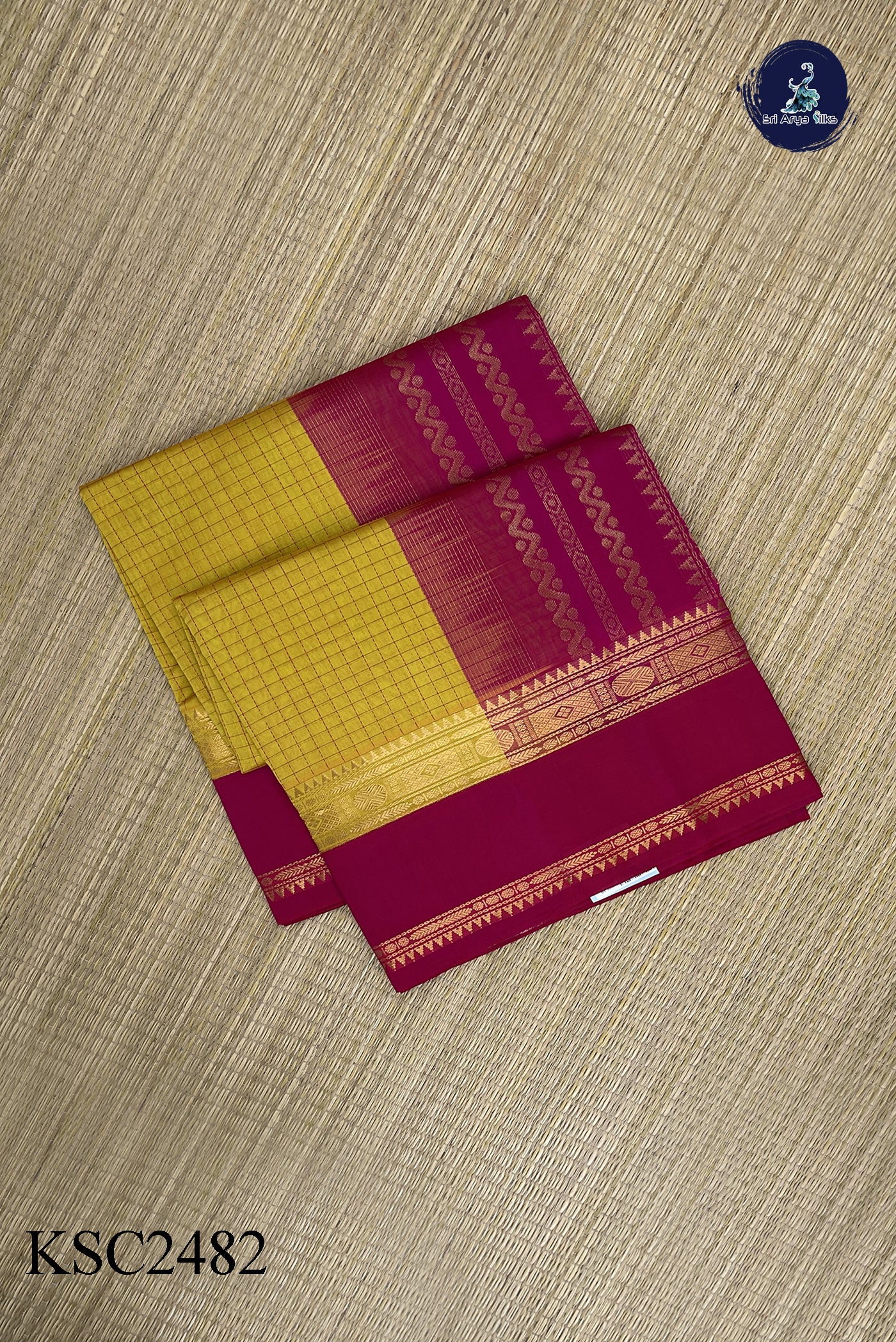 Yellow Korvai Silk Cotton Saree With Checked Pattern