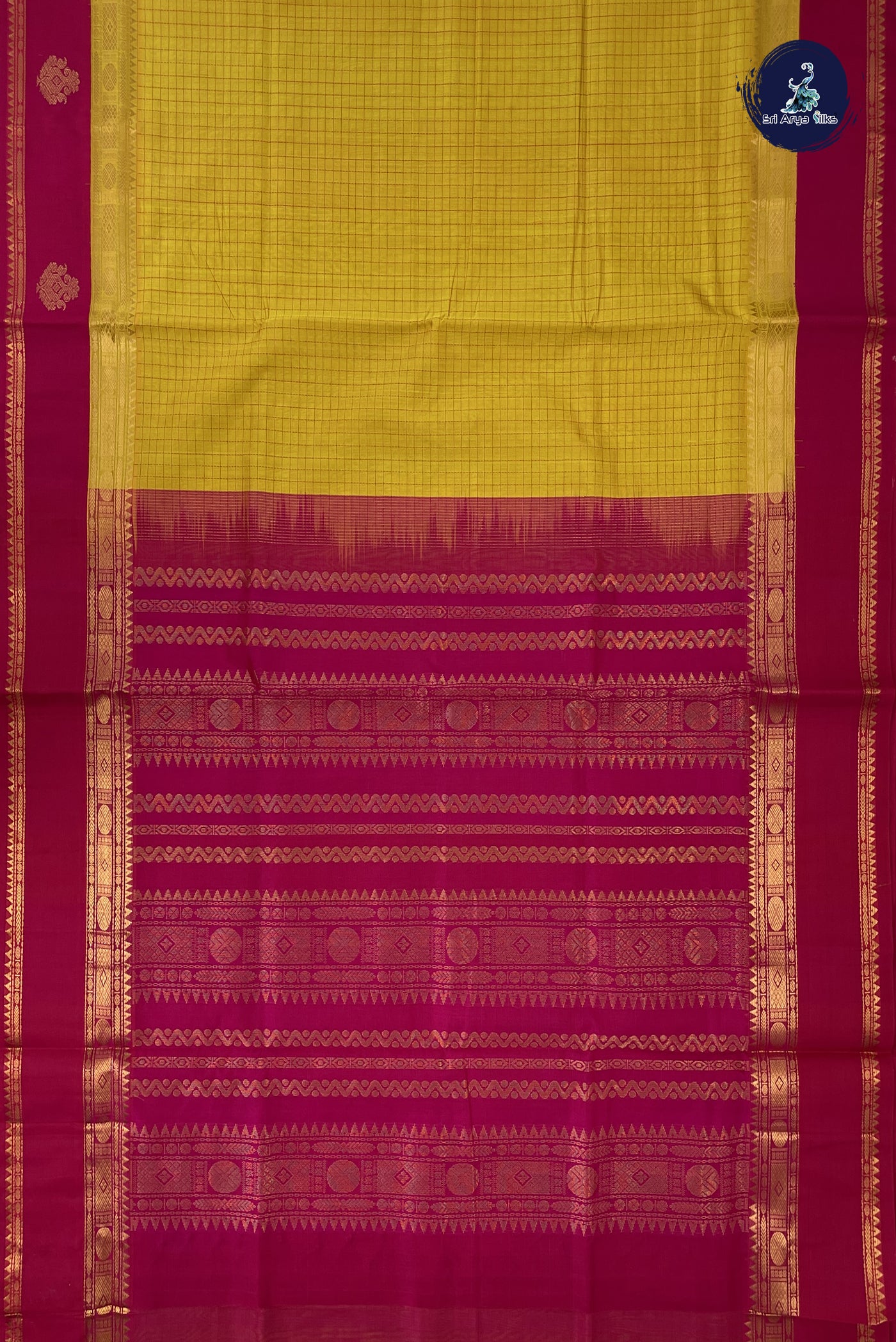 Yellow Korvai Silk Cotton Saree With Checked Pattern