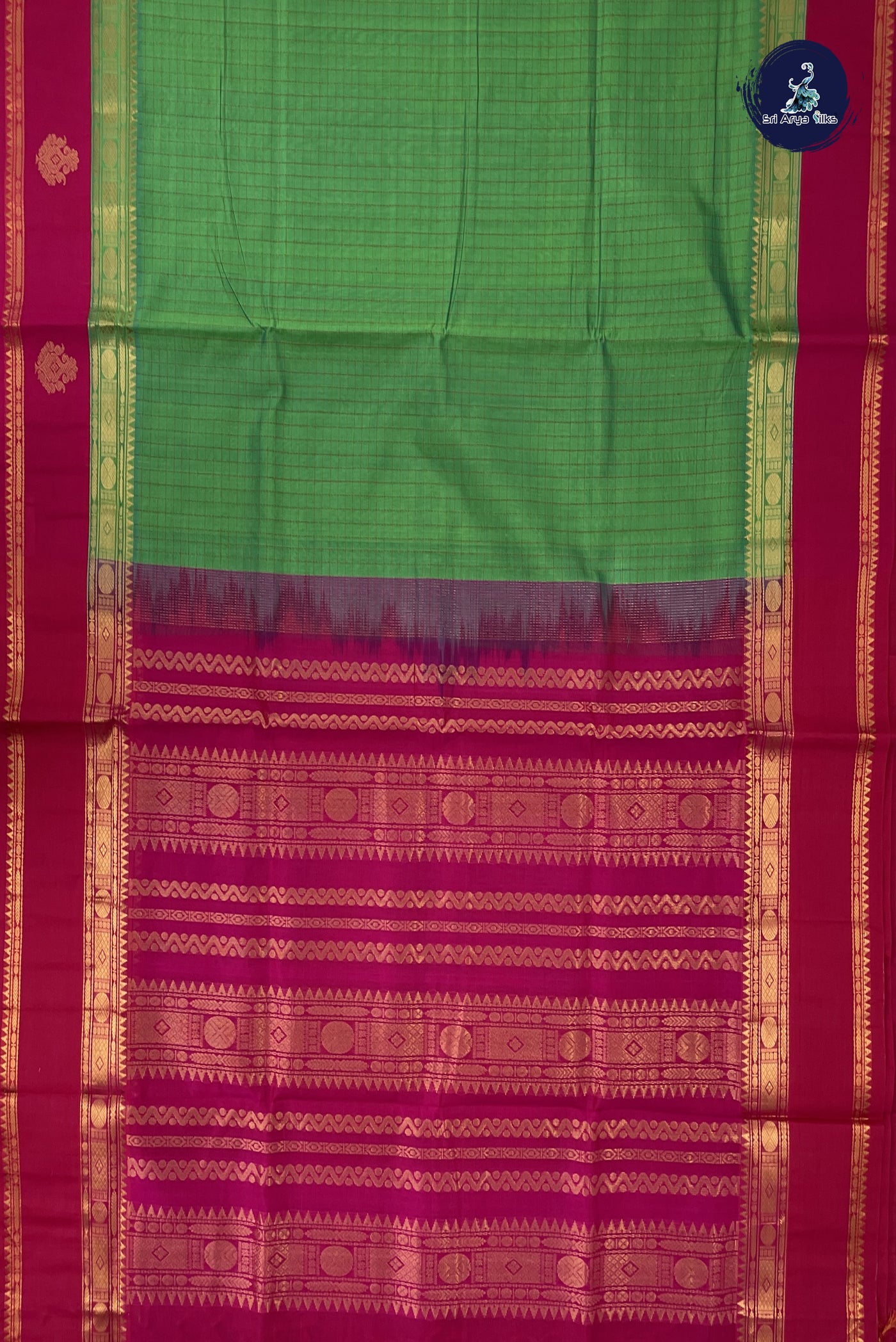 Green Korvai Silk Cotton Saree With Checked Pattern