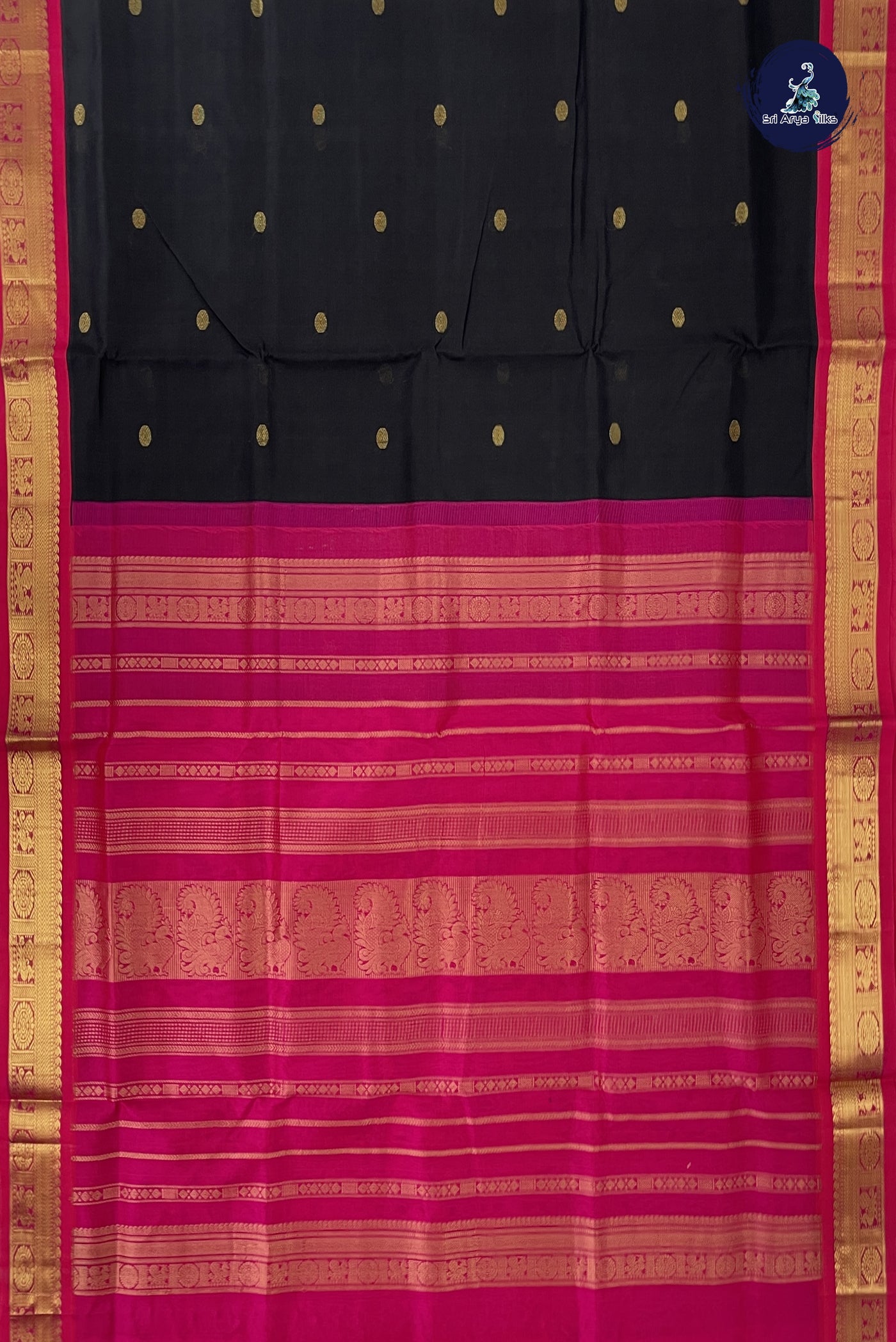 Black Korvai Silk Cotton Saree With Zari Buttas Pattern