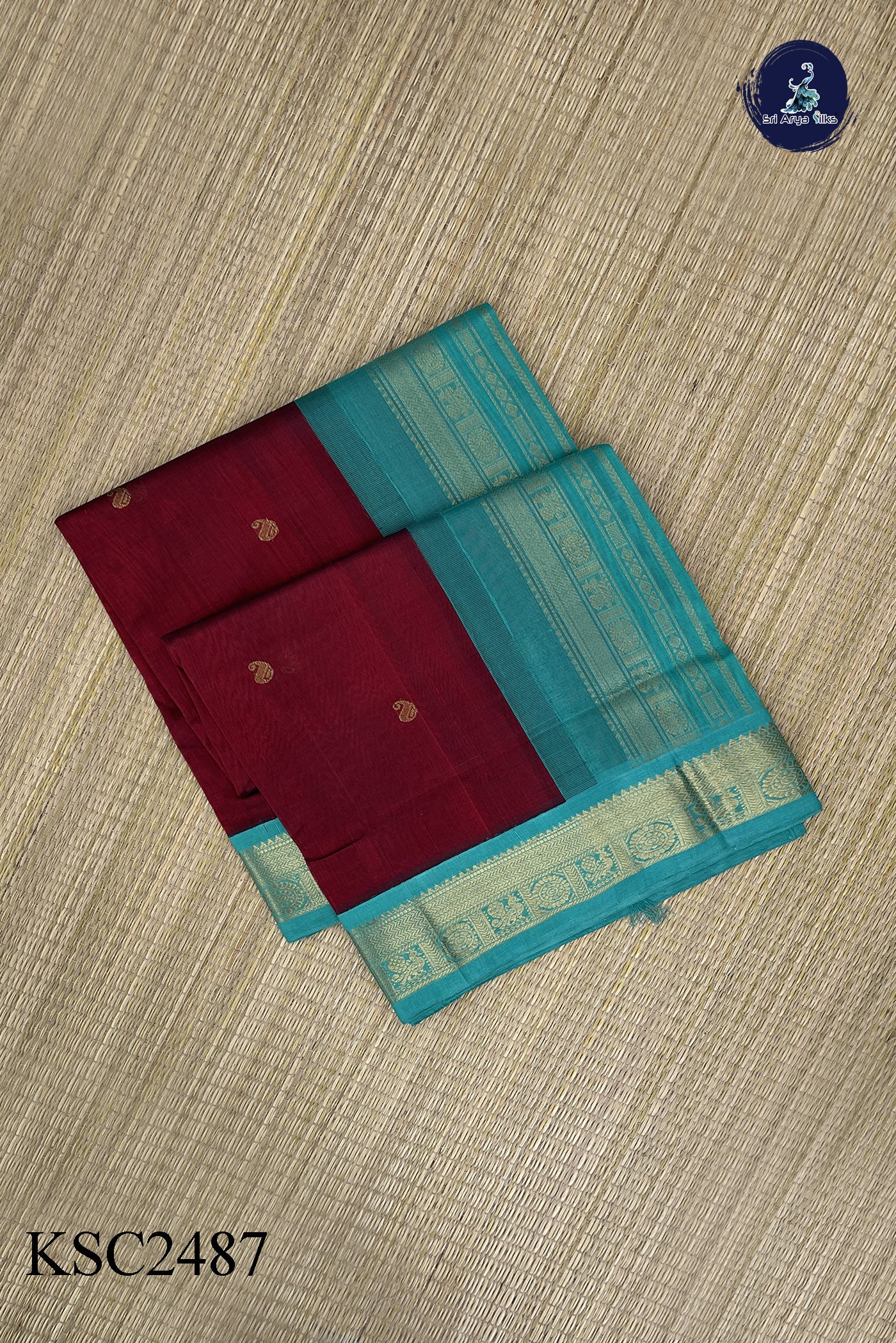 Dual Tone Wine Korvai Silk Cotton Saree With Zari Buttas Pattern