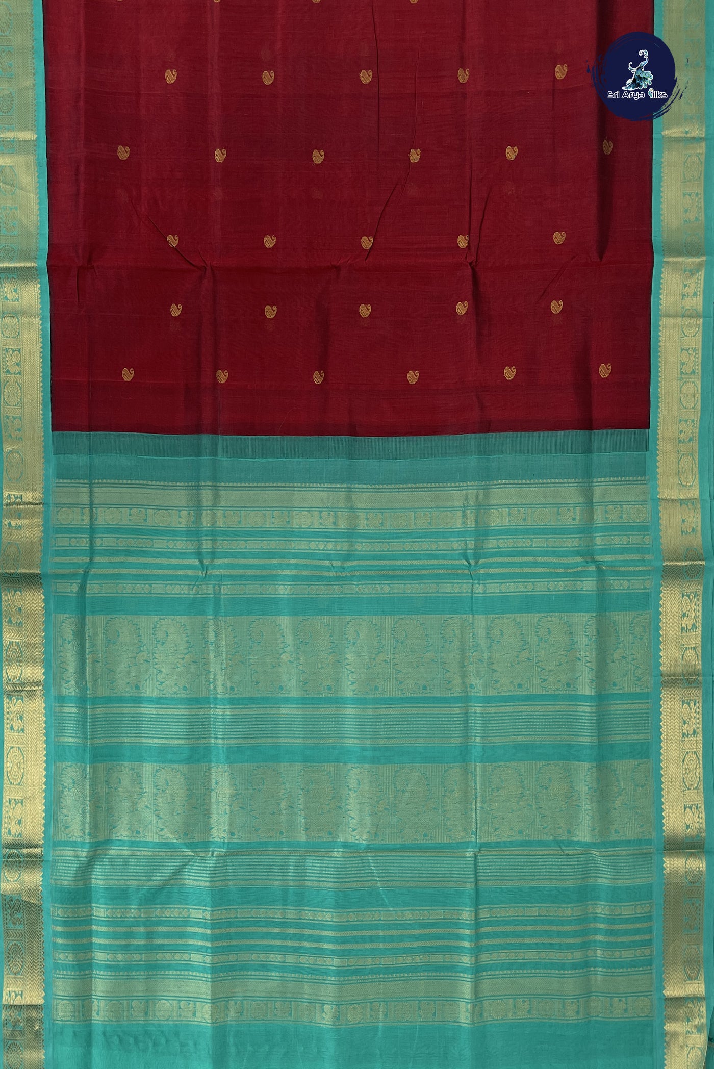 Dual Tone Wine Korvai Silk Cotton Saree With Zari Buttas Pattern