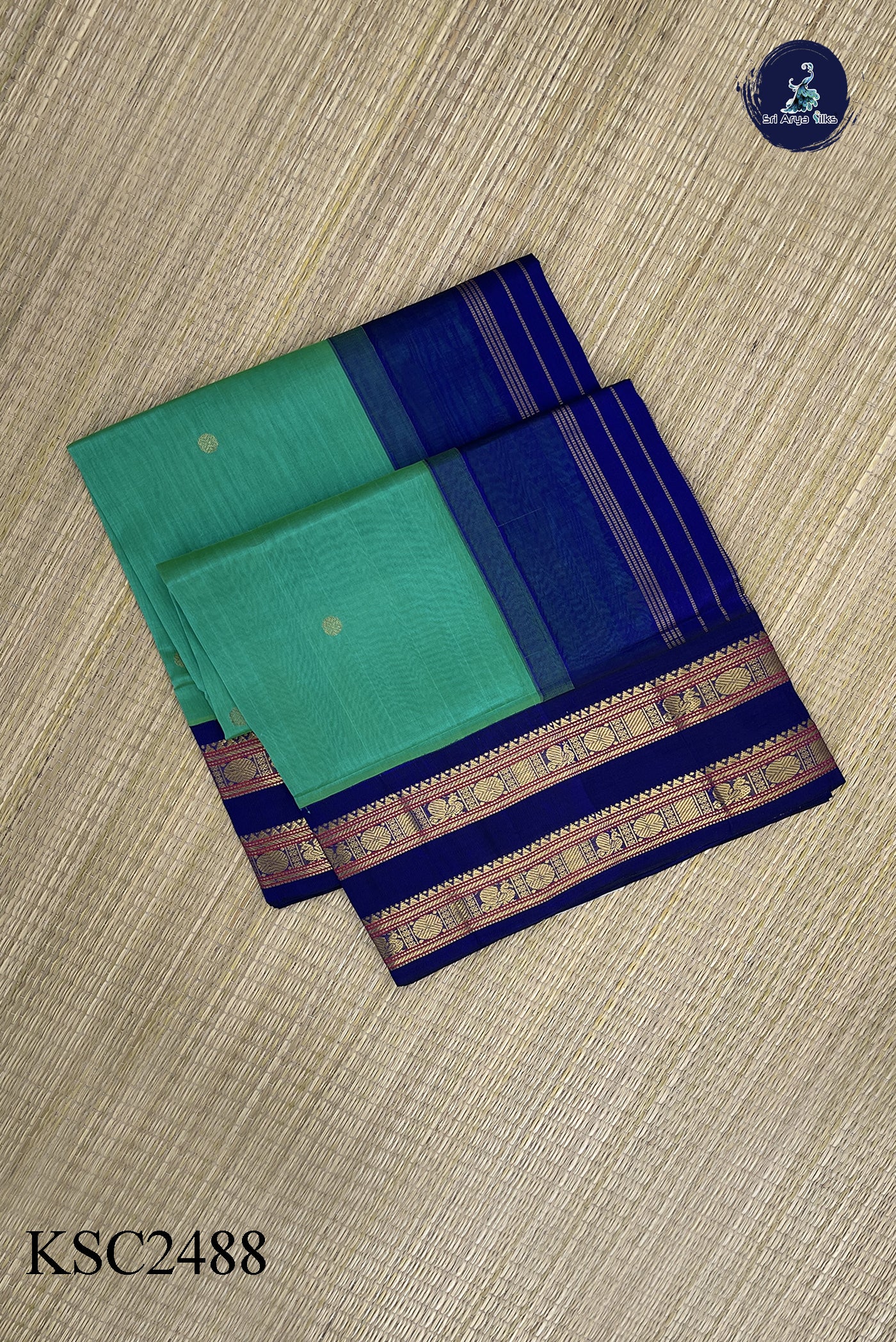 Sea Green Korvai Silk Cotton Saree With Zari Buttas Pattern