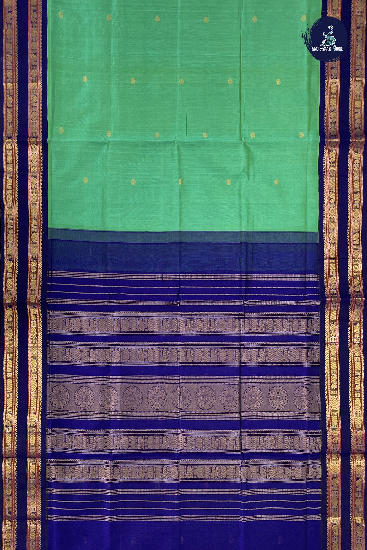 Sea Green Korvai Silk Cotton Saree With Zari Buttas Pattern