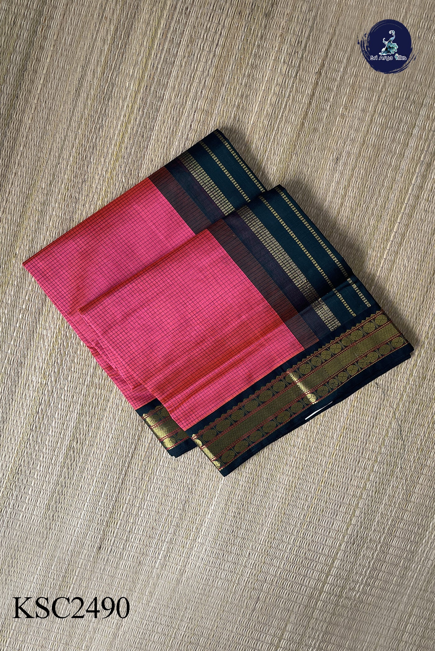 Dark Pink Korvai Silk Cotton Saree With Checked Pattern