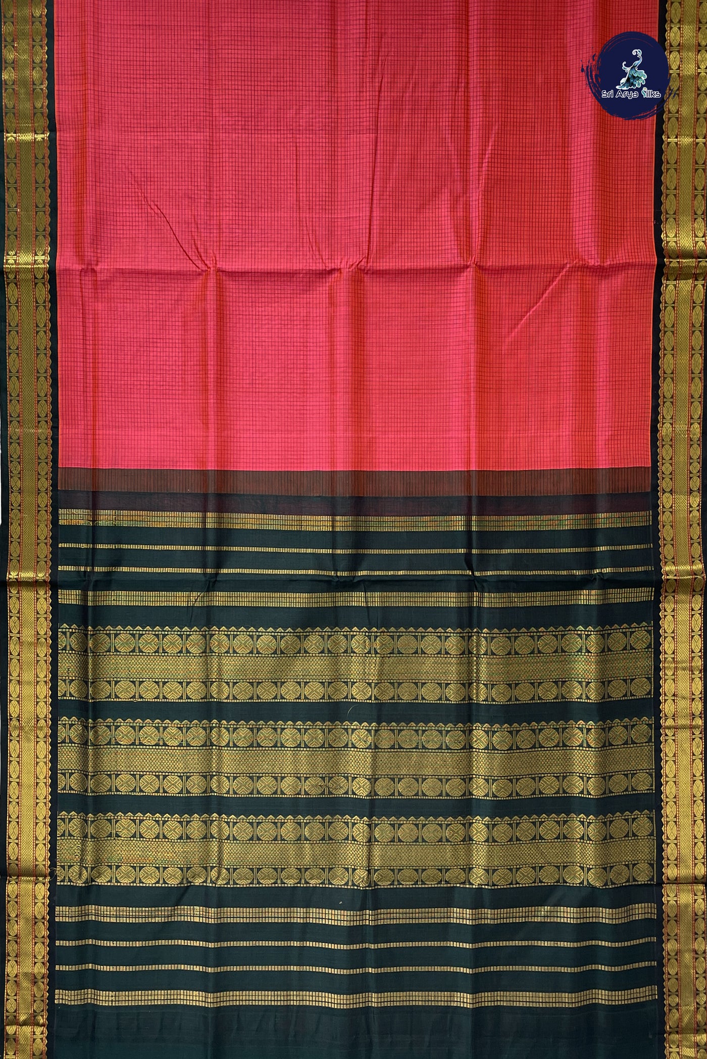 Dark Pink Korvai Silk Cotton Saree With Checked Pattern